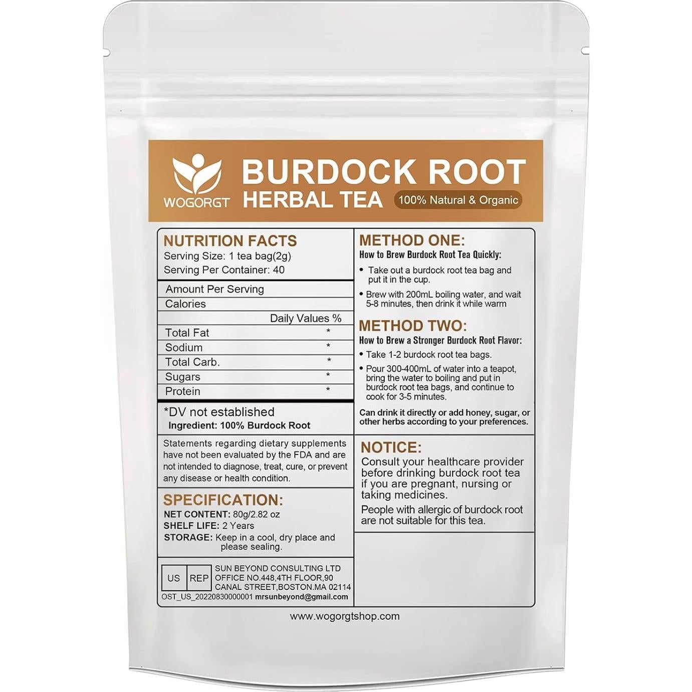 Té de Raíz de Bardana WOGORGT - 40 Bolsitas Sin Cafeína