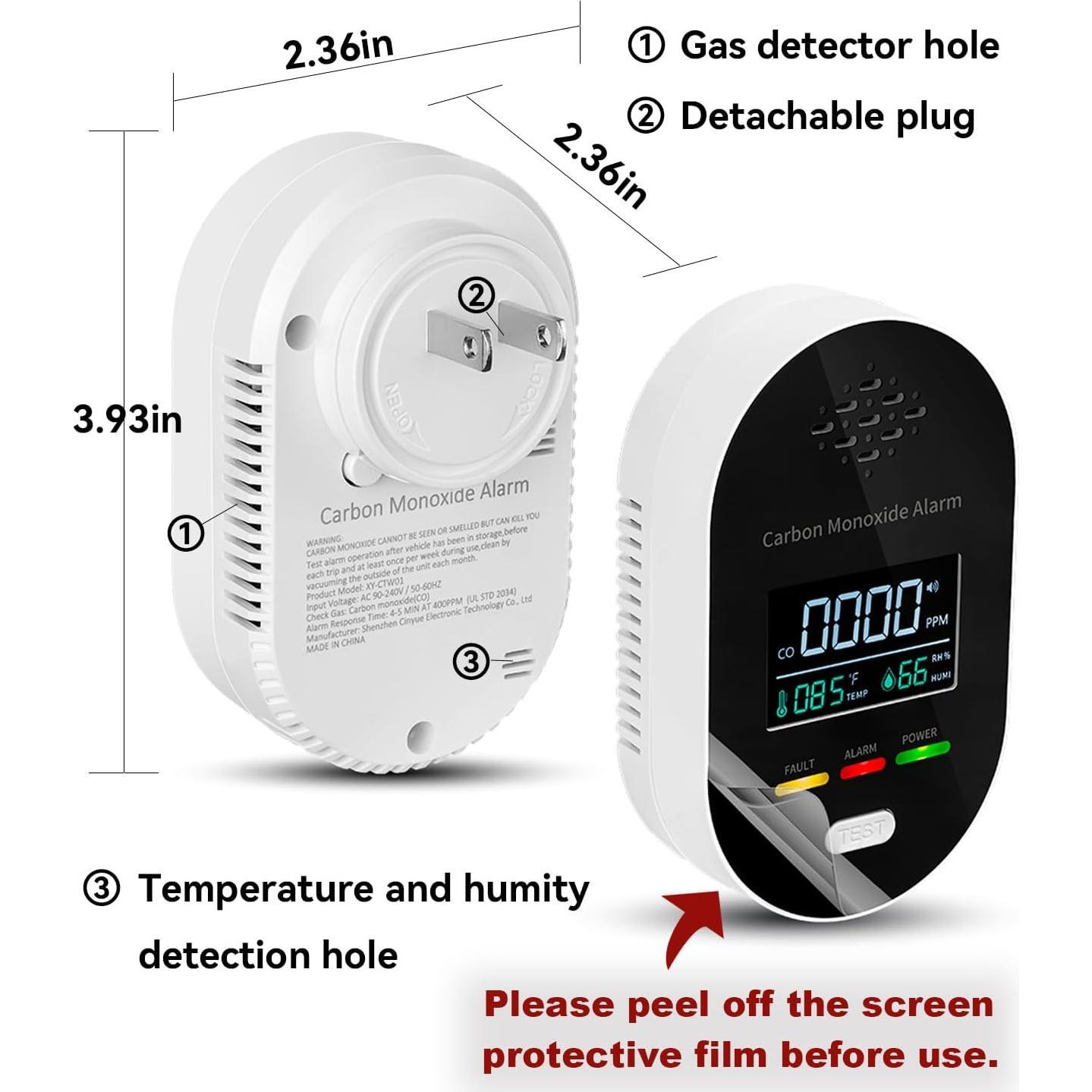 Detector de Monóxido de Carbono 3 en 1 FDUIOSPF Enchufable