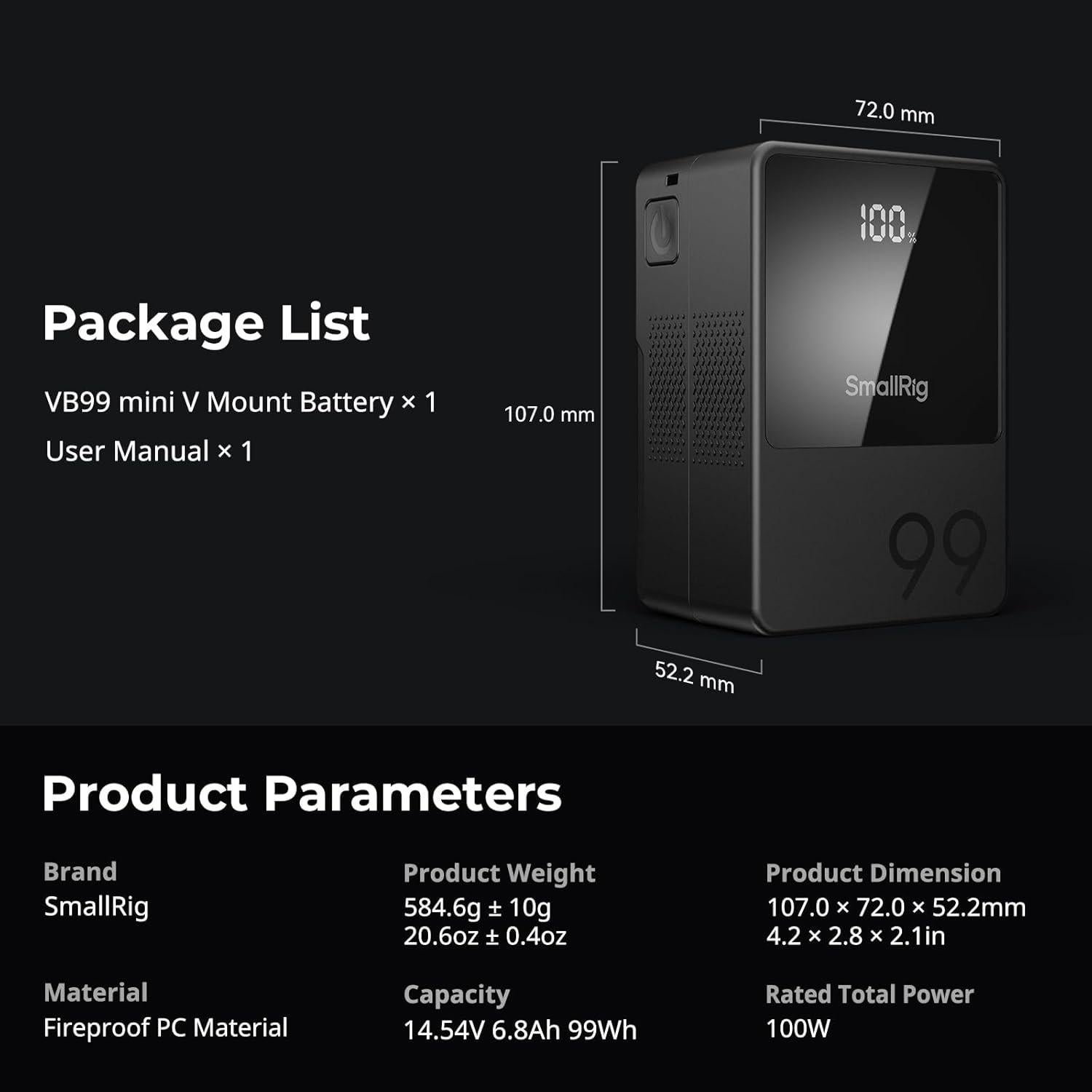 Batería V Mount SmallRig VB99 99Wh 6800mAh Carga Rápida