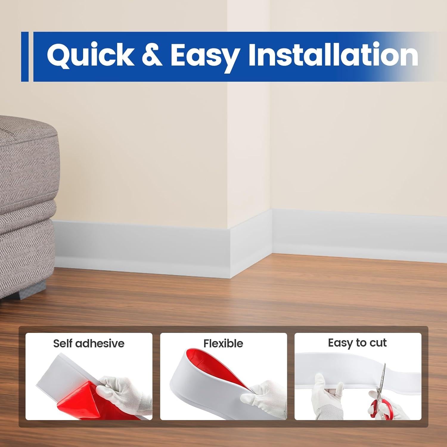 Muzata Moldura de Zócalo Flexible Autoadhesiva 10 cm x 6 m Blanco