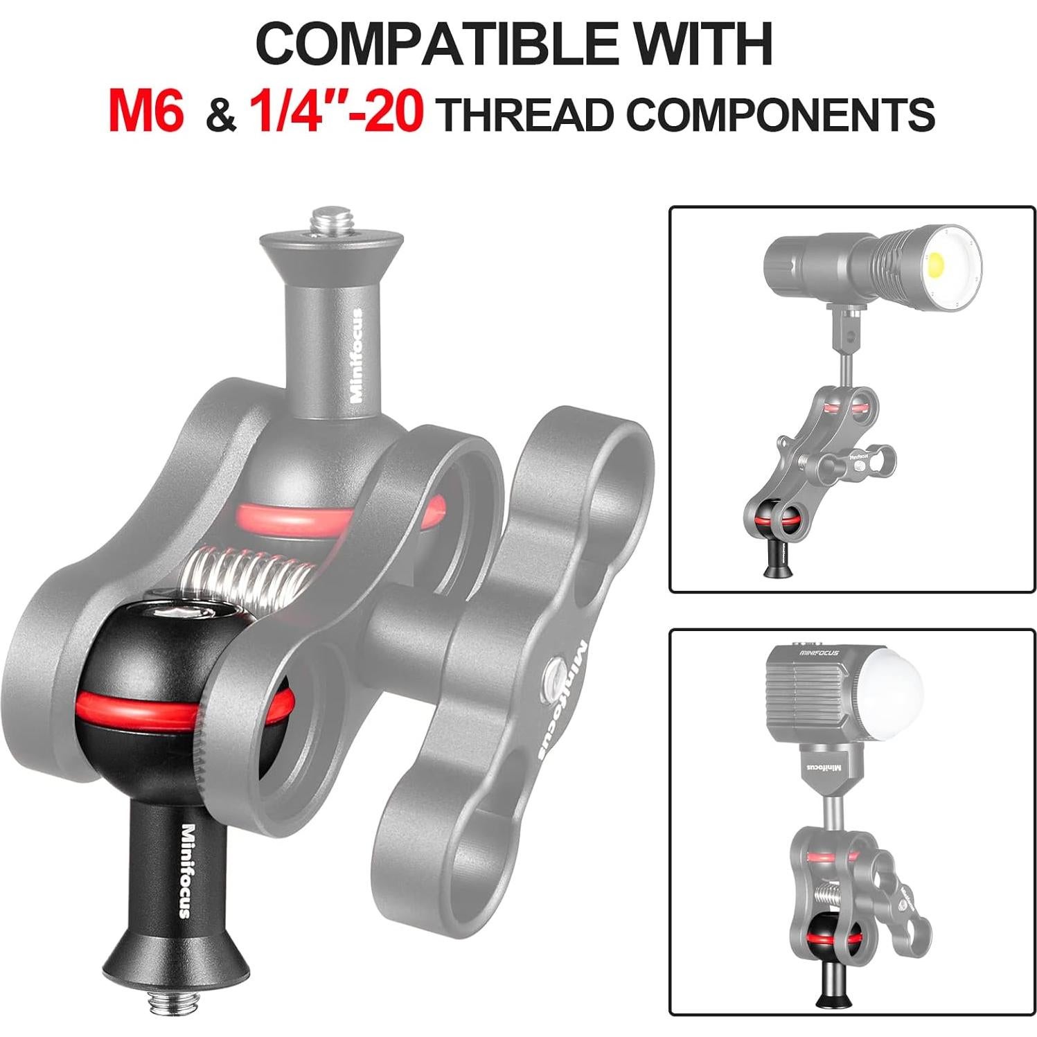 Adaptador de bola MINIFOCUS 1" con tornillos M6 y 1/4"-20