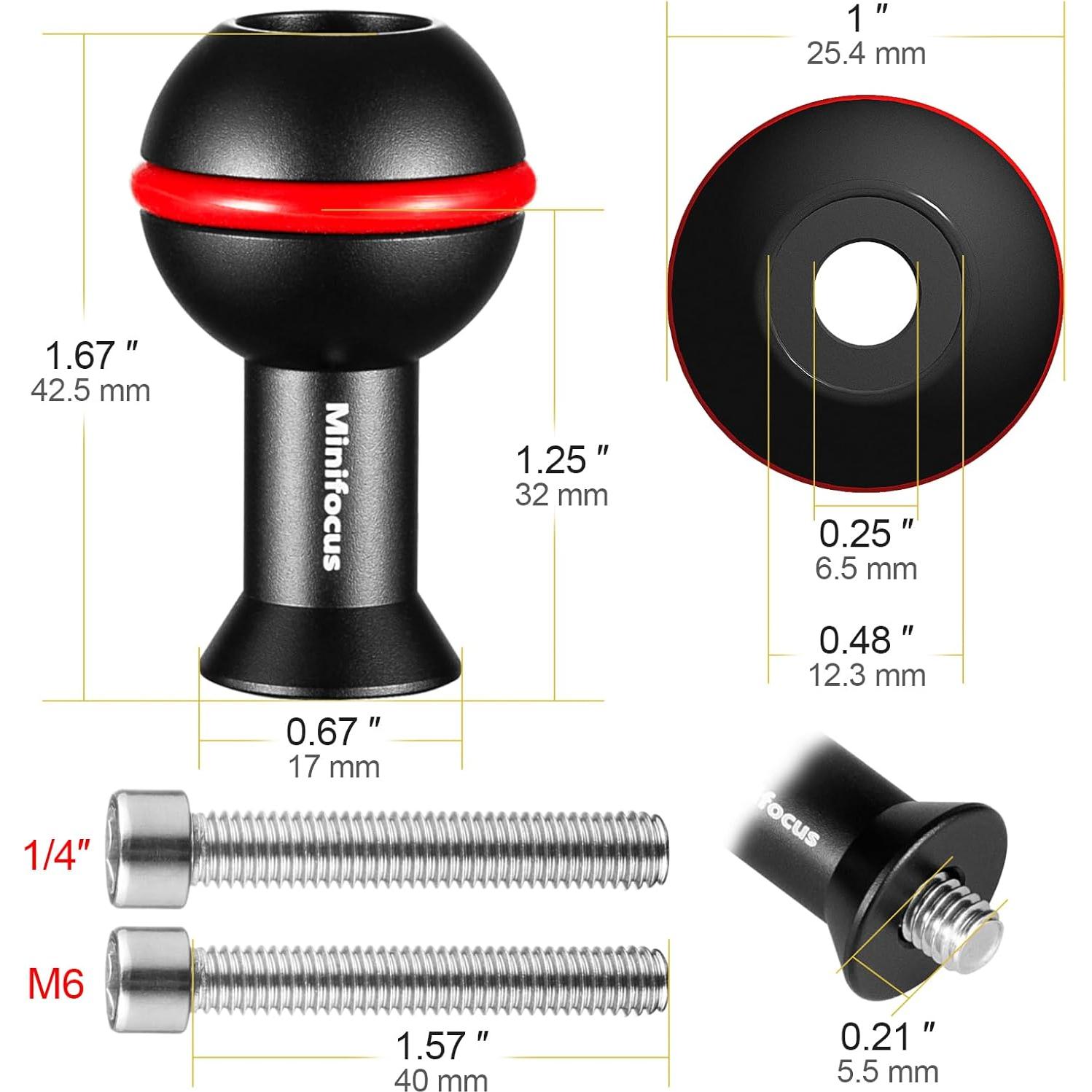 Adaptador de bola MINIFOCUS 1" con tornillos M6 y 1/4"-20
