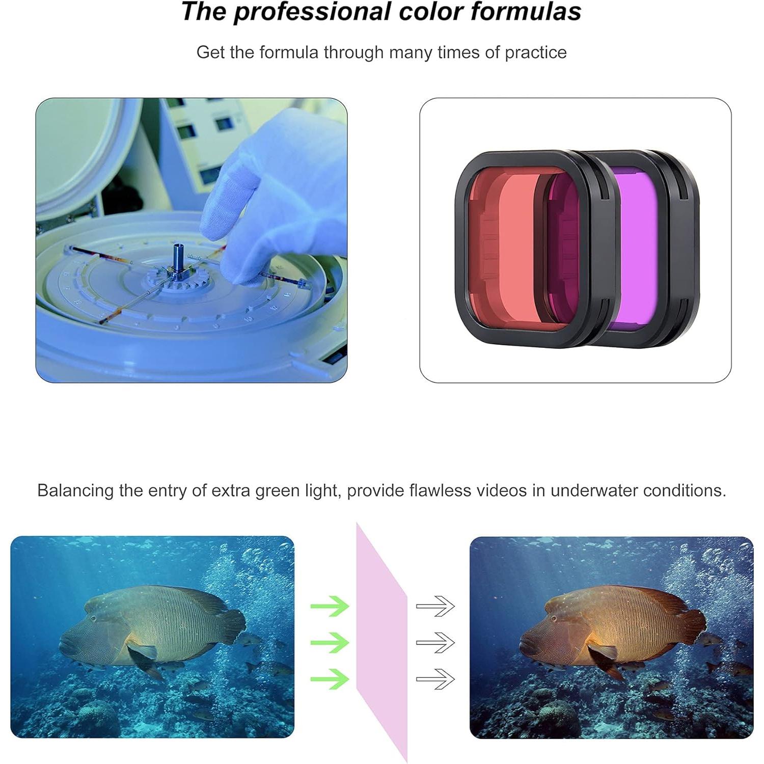 Filtro Subacuático YALLSAME para GoPro HERO9 10 11 12 - Rojo y Magenta