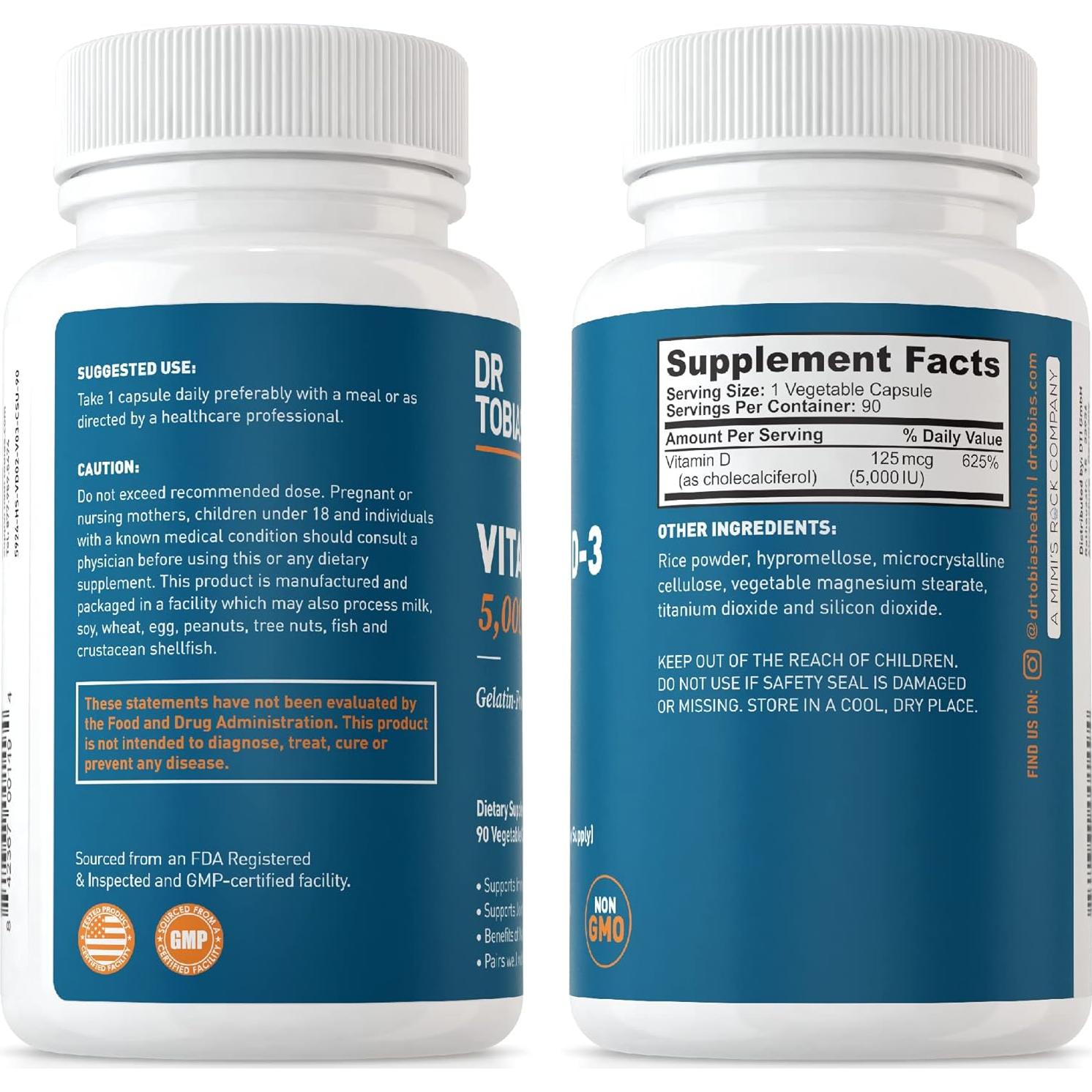 Dr. Tobias Vitamina D3 5000 UI, 90 Cápsulas, Suplemento Saludable