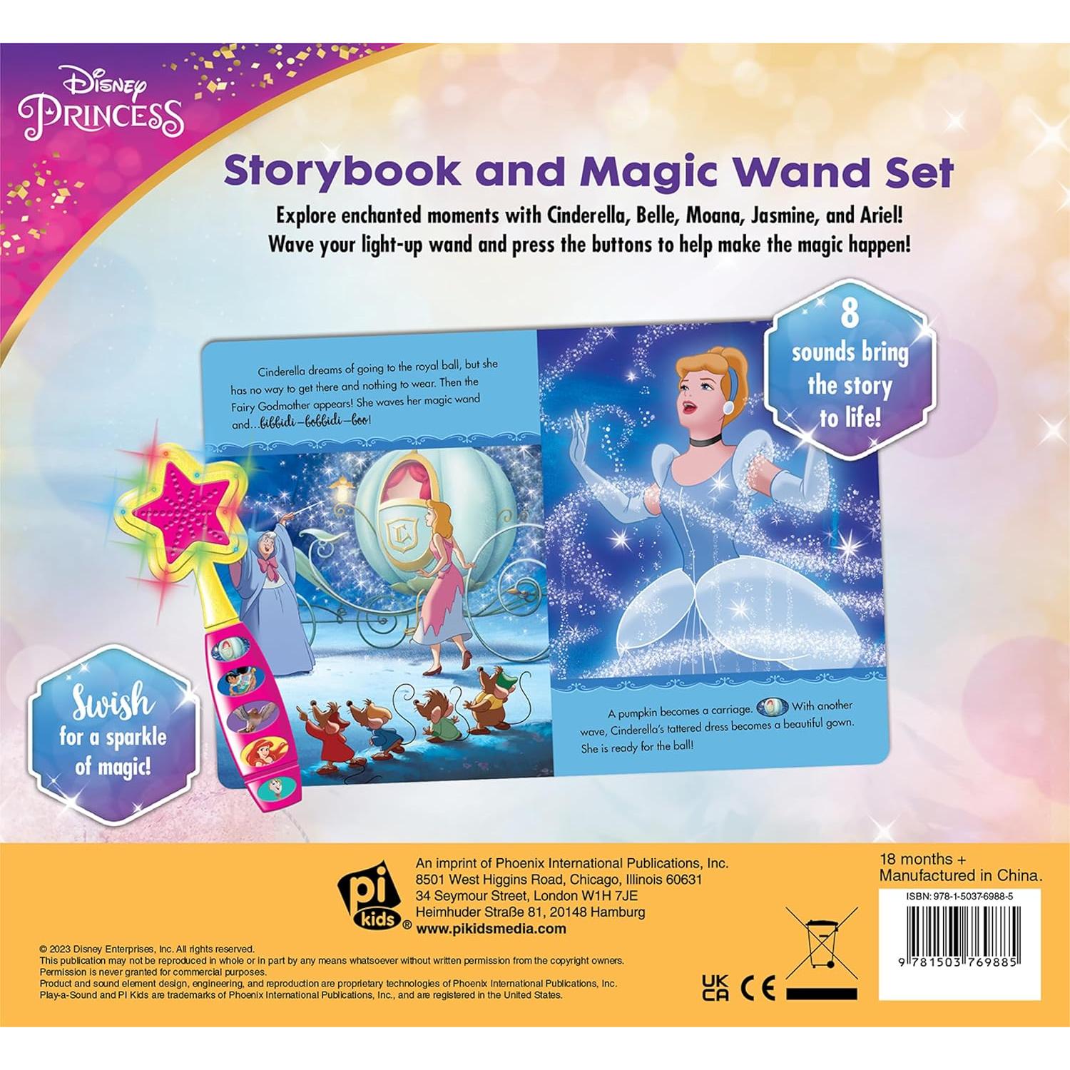 Disney Princess Moana, Belle, Cinderella, and more! - Magical Moments! Storybook and Magic Wand Toy Sound Book Set - PI Kids
