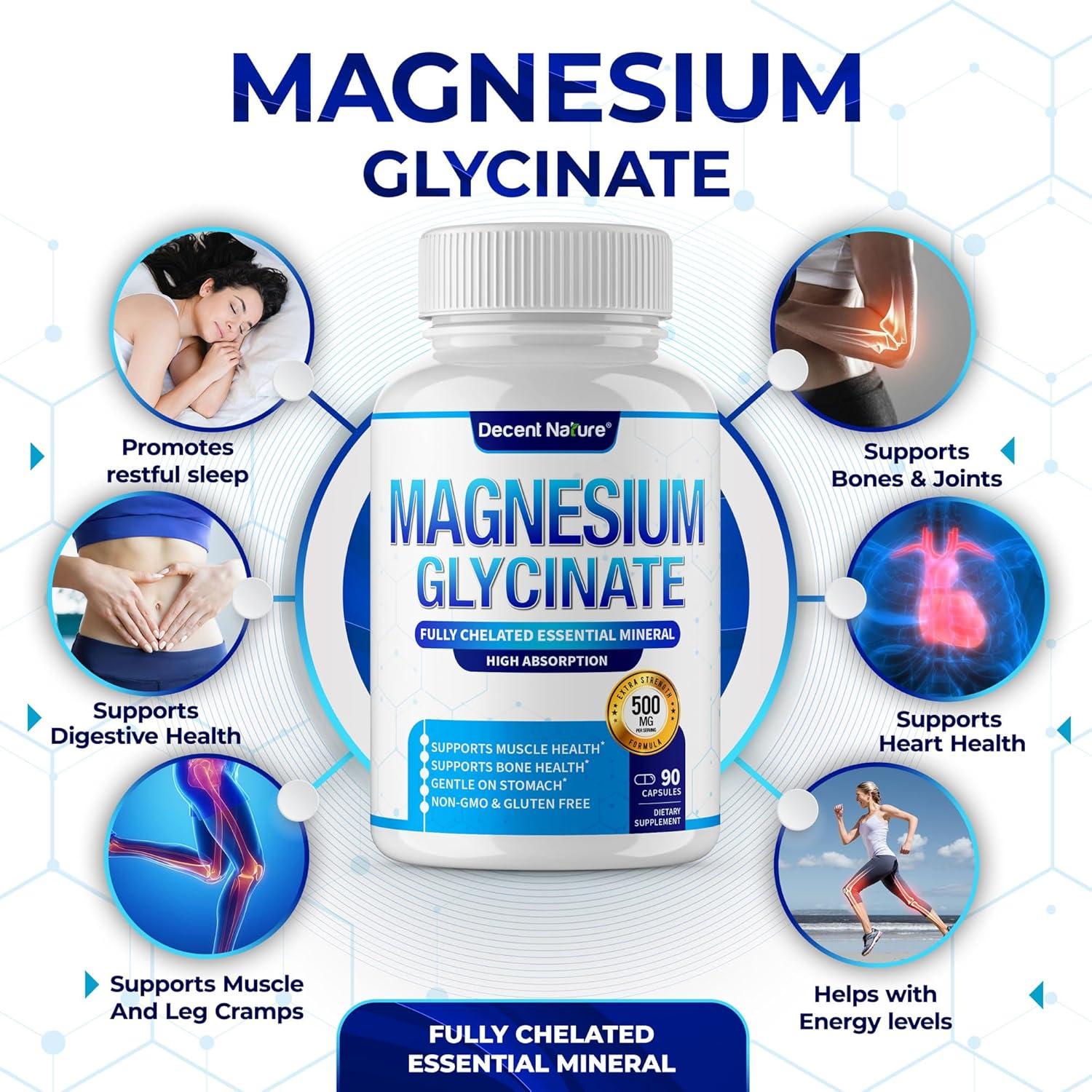 Suplemento de Magnesio Glicinato 500mg Decent Nature 90 Cápsulas