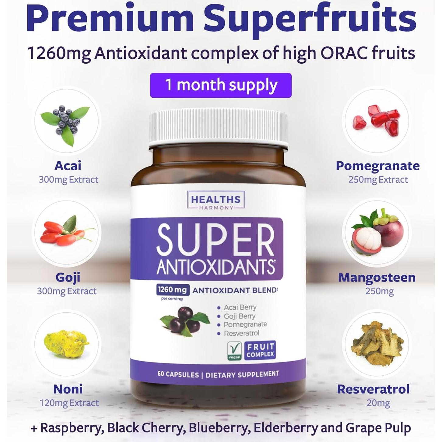 Suplemento Antioxidante Healths Harmony 60 Cápsulas - Acai, Goji, Granada