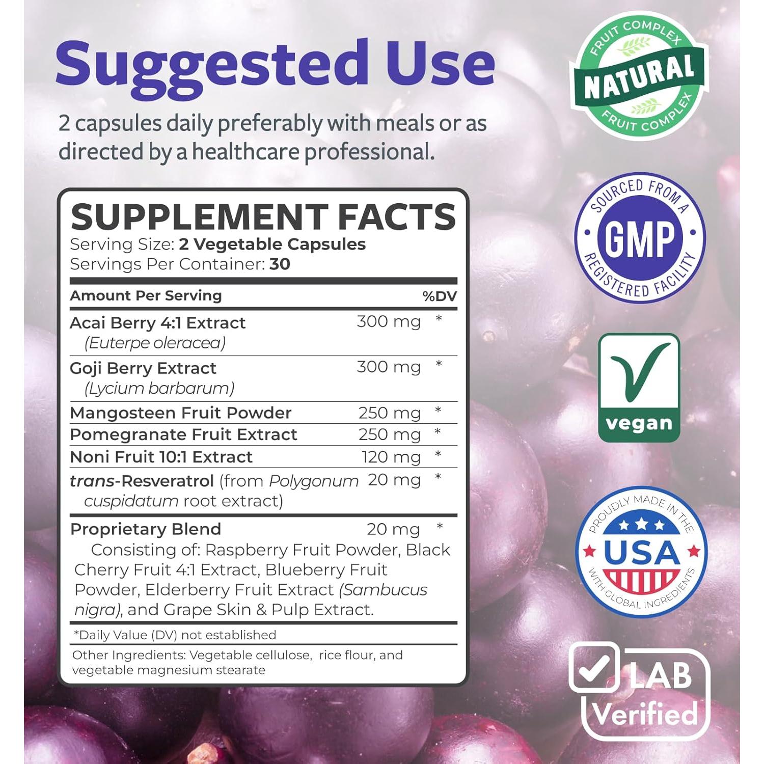 Suplemento Antioxidante Healths Harmony 60 Cápsulas - Acai, Goji, Granada