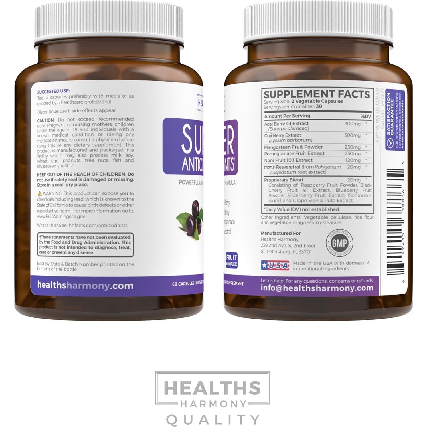 Suplemento Antioxidante Healths Harmony 60 Cápsulas - Acai, Goji, Granada
