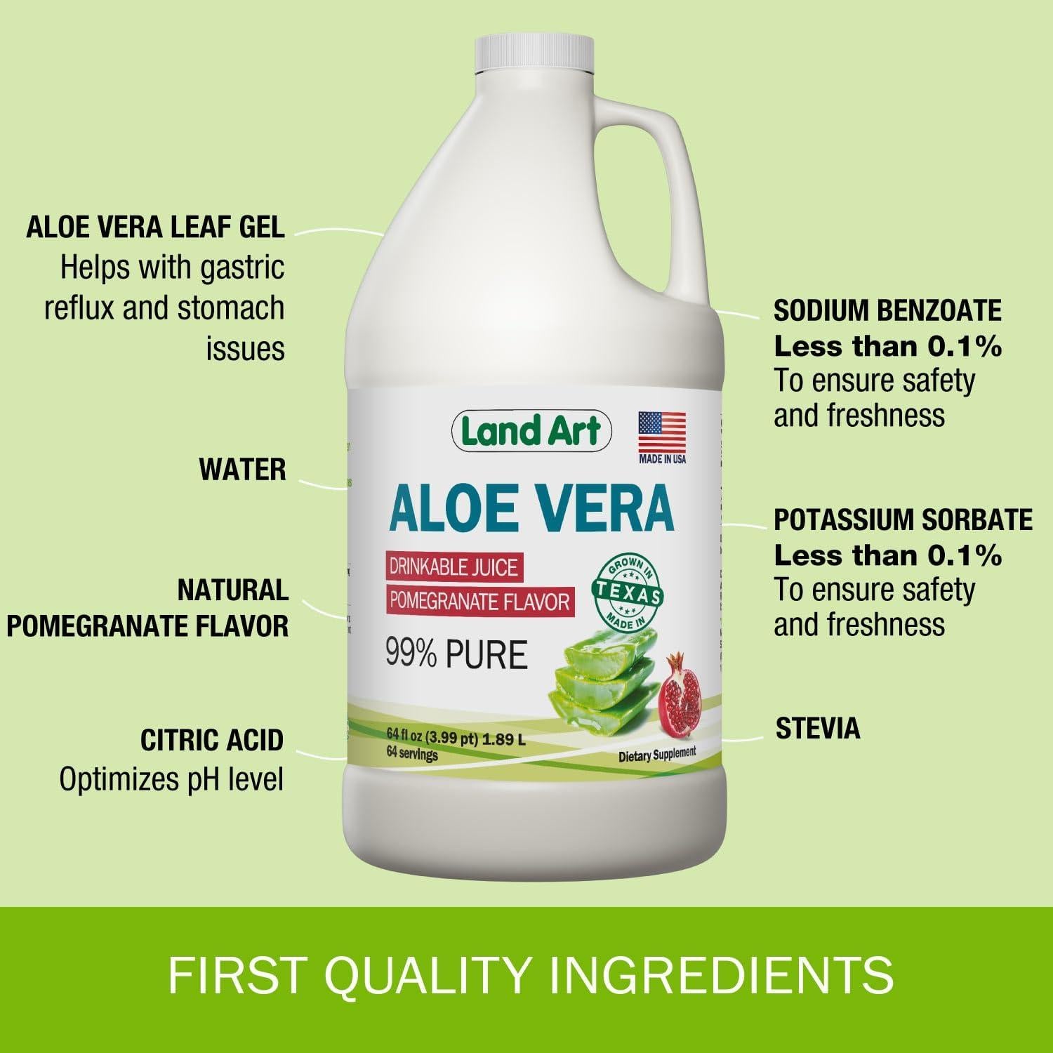 Jugo Puro de Aloe Vera Land Art 64 oz Sabor Granada Orgánico