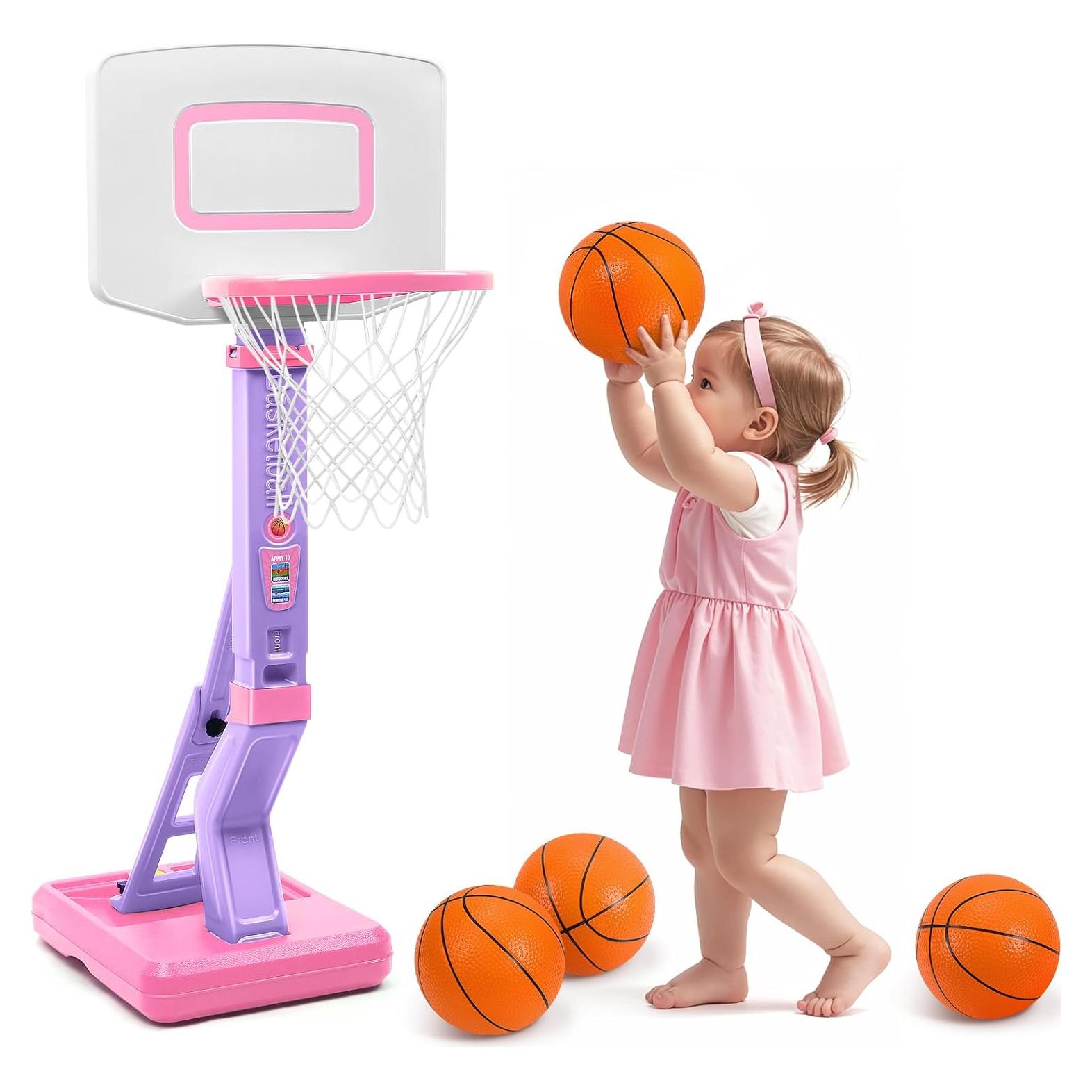 Aro de Baloncesto Jugana Rosa Ajustable con 4 Pelotas