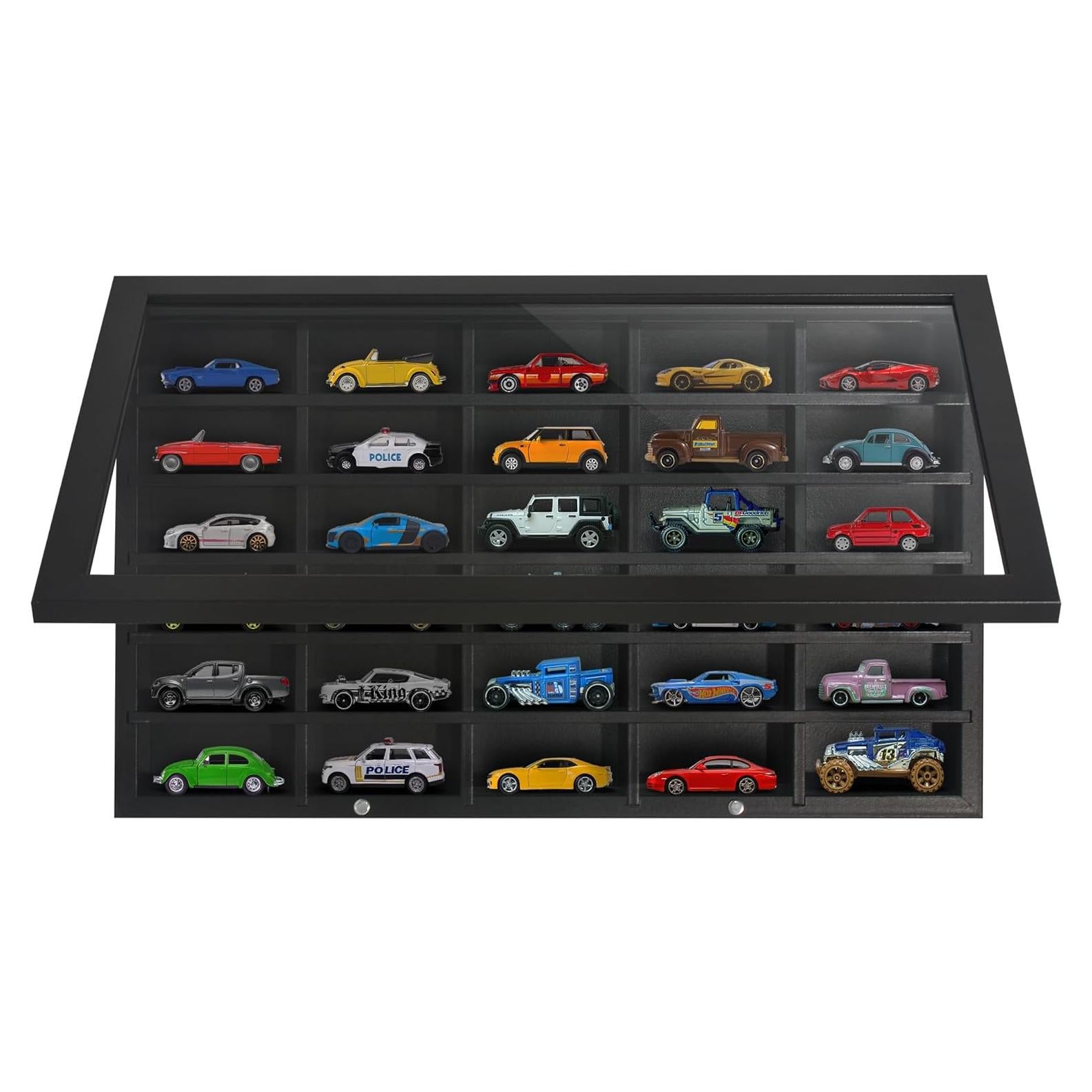 Americanflat 11x18 Toy Car Display Case - Holds up to 30 Cars - Model Car Displays with Removable Shelves and Shatter-Resistant Glass - Wall Mounted Display Cases for Collectibles - Black