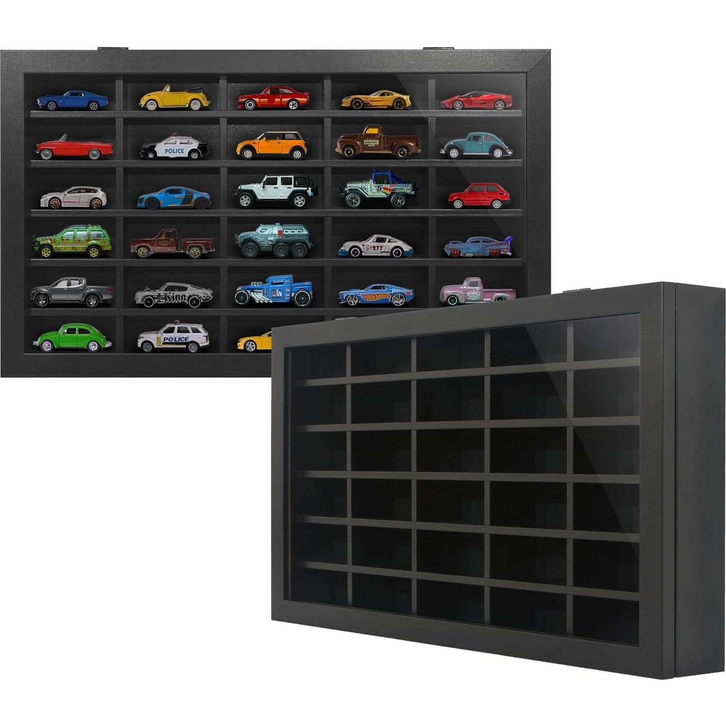 Americanflat 11x18 Toy Car Display Case - Holds up to 30 Cars - Model Car Displays with Removable Shelves and Shatter-Resistant Glass - Wall Mounted Display Cases for Collectibles - Black