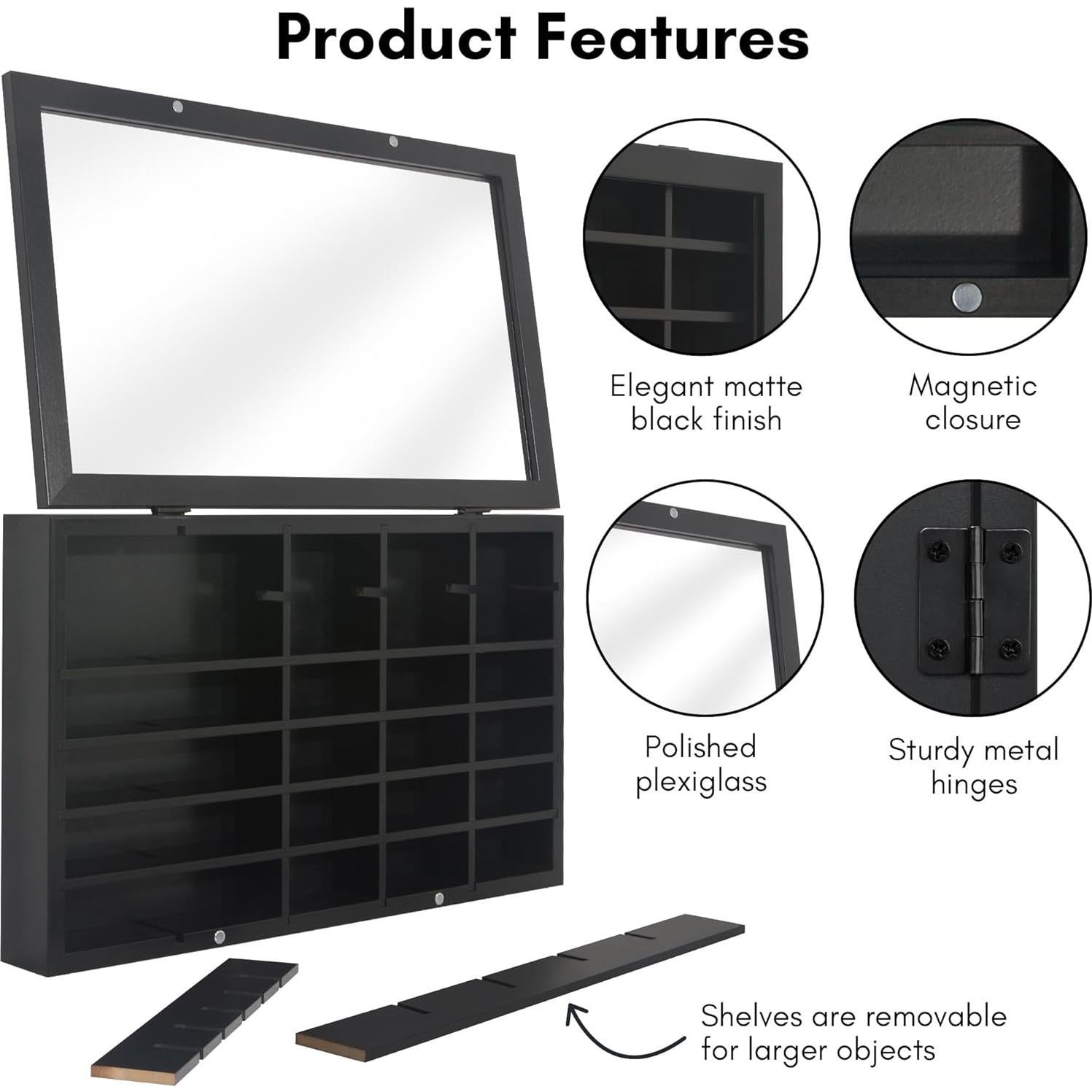 Americanflat 11x18 Toy Car Display Case - Holds up to 30 Cars - Model Car Displays with Removable Shelves and Shatter-Resistant Glass - Wall Mounted Display Cases for Collectibles - Black