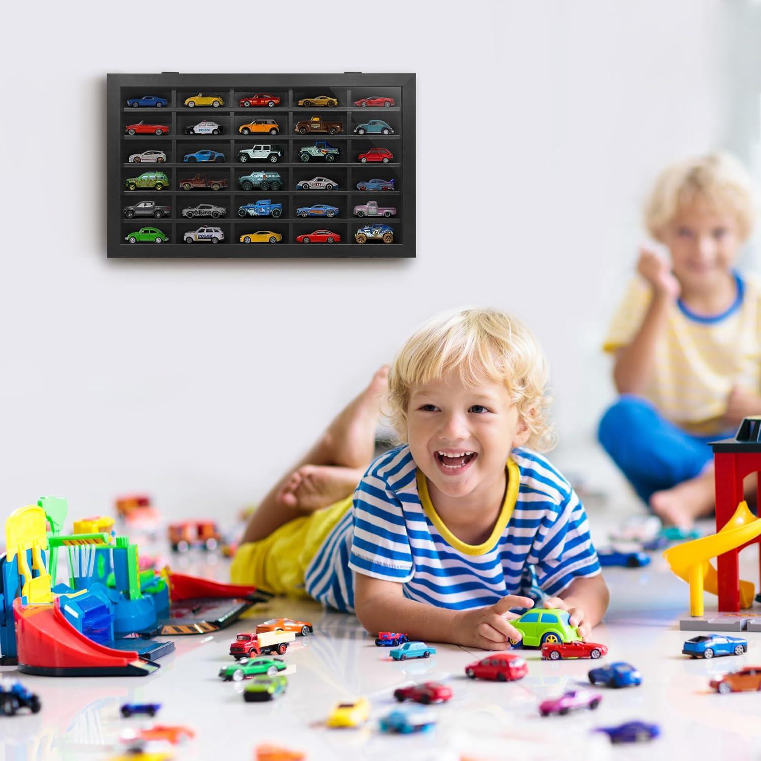 Americanflat 11x18 Toy Car Display Case - Holds up to 30 Cars - Model Car Displays with Removable Shelves and Shatter-Resistant Glass - Wall Mounted Display Cases for Collectibles - Black