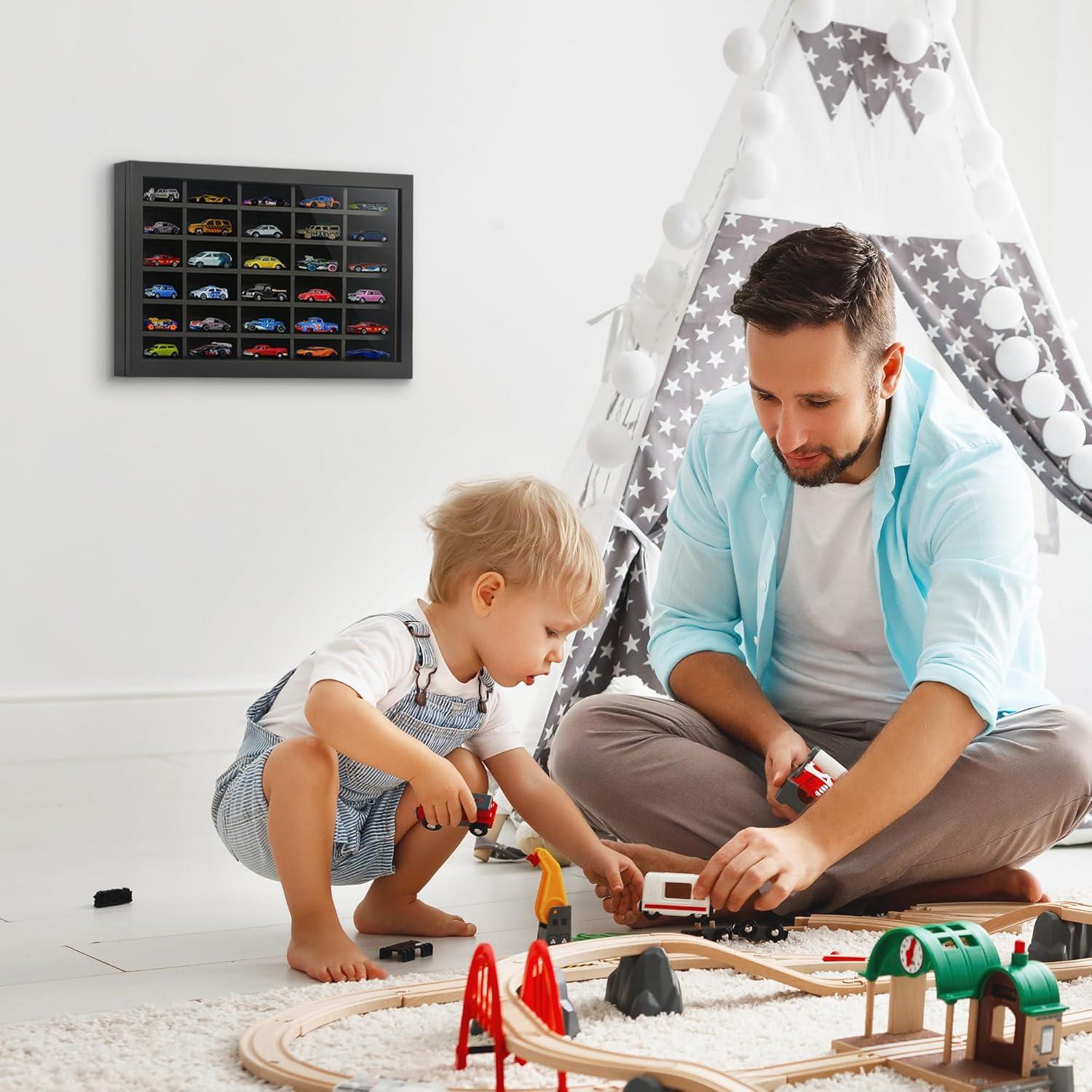 Americanflat 11x18 Toy Car Display Case - Holds up to 30 Cars - Model Car Displays with Removable Shelves and Shatter-Resistant Glass - Wall Mounted Display Cases for Collectibles - Black