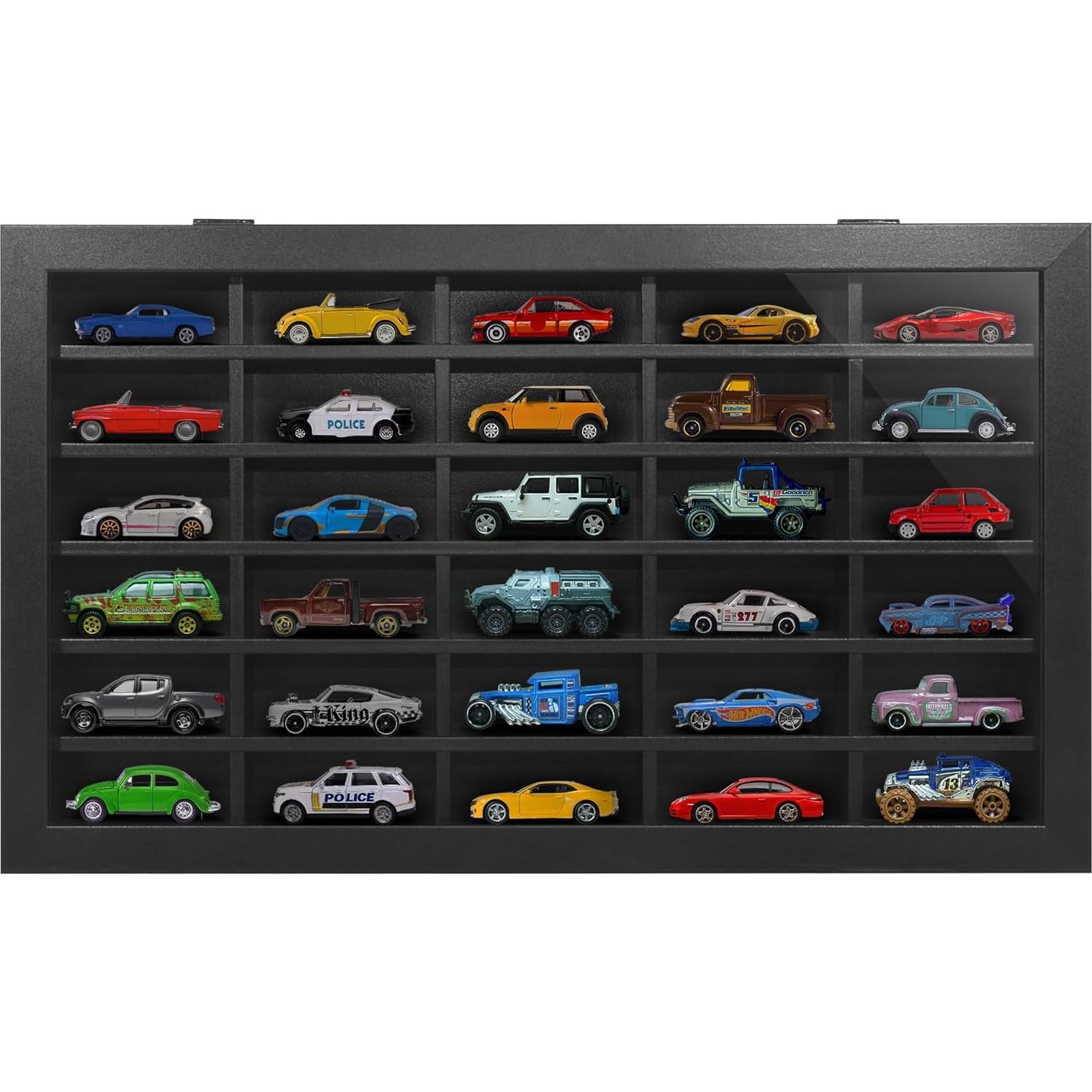 Americanflat 11x18 Toy Car Display Case - Holds up to 30 Cars - Model Car Displays with Removable Shelves and Shatter-Resistant Glass - Wall Mounted Display Cases for Collectibles - Black