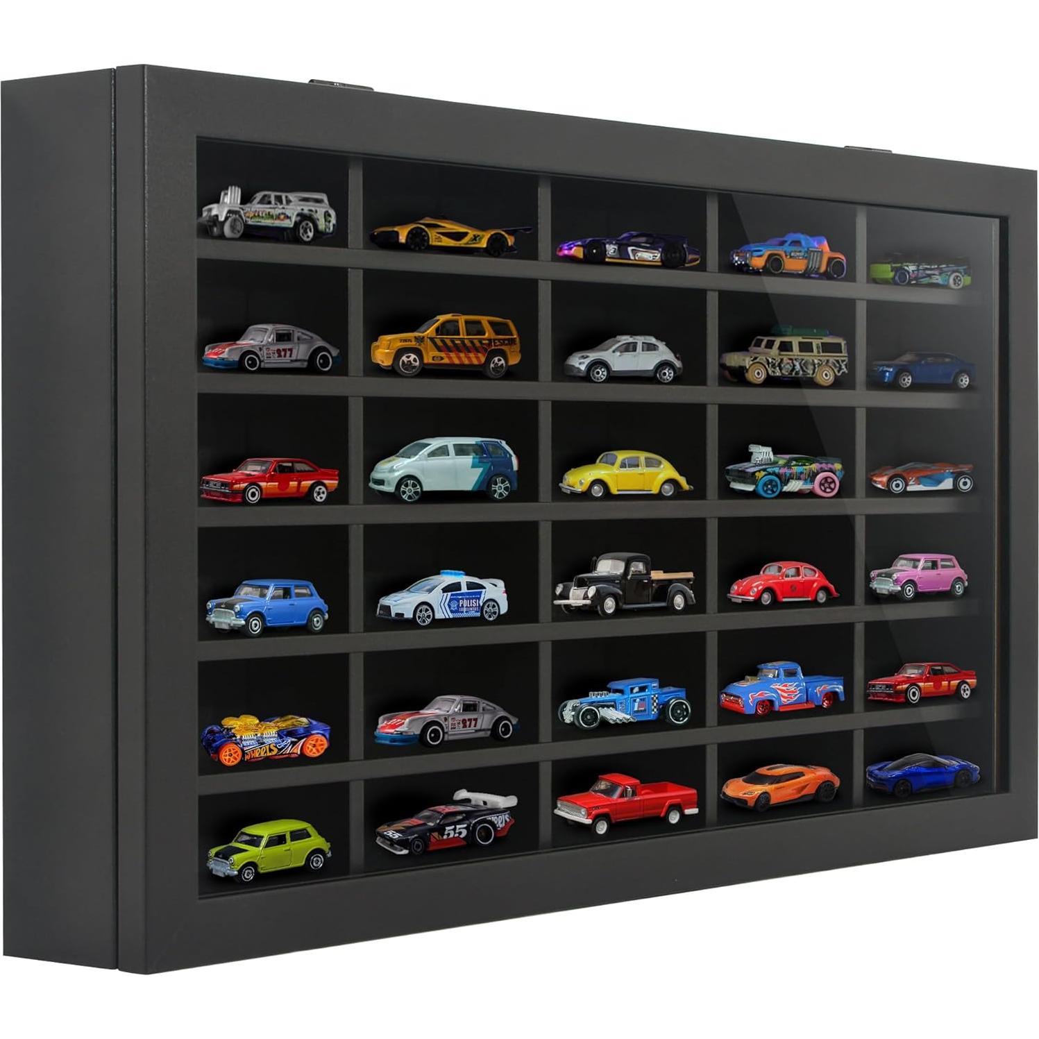 Americanflat 11x18 Toy Car Display Case - Holds up to 30 Cars - Model Car Displays with Removable Shelves and Shatter-Resistant Glass - Wall Mounted Display Cases for Collectibles - Black