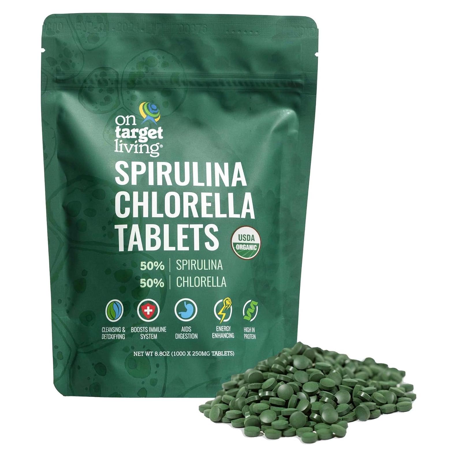 Tabletas de Spirulina y Chlorella Orgánica On Target Living 1000 Uds