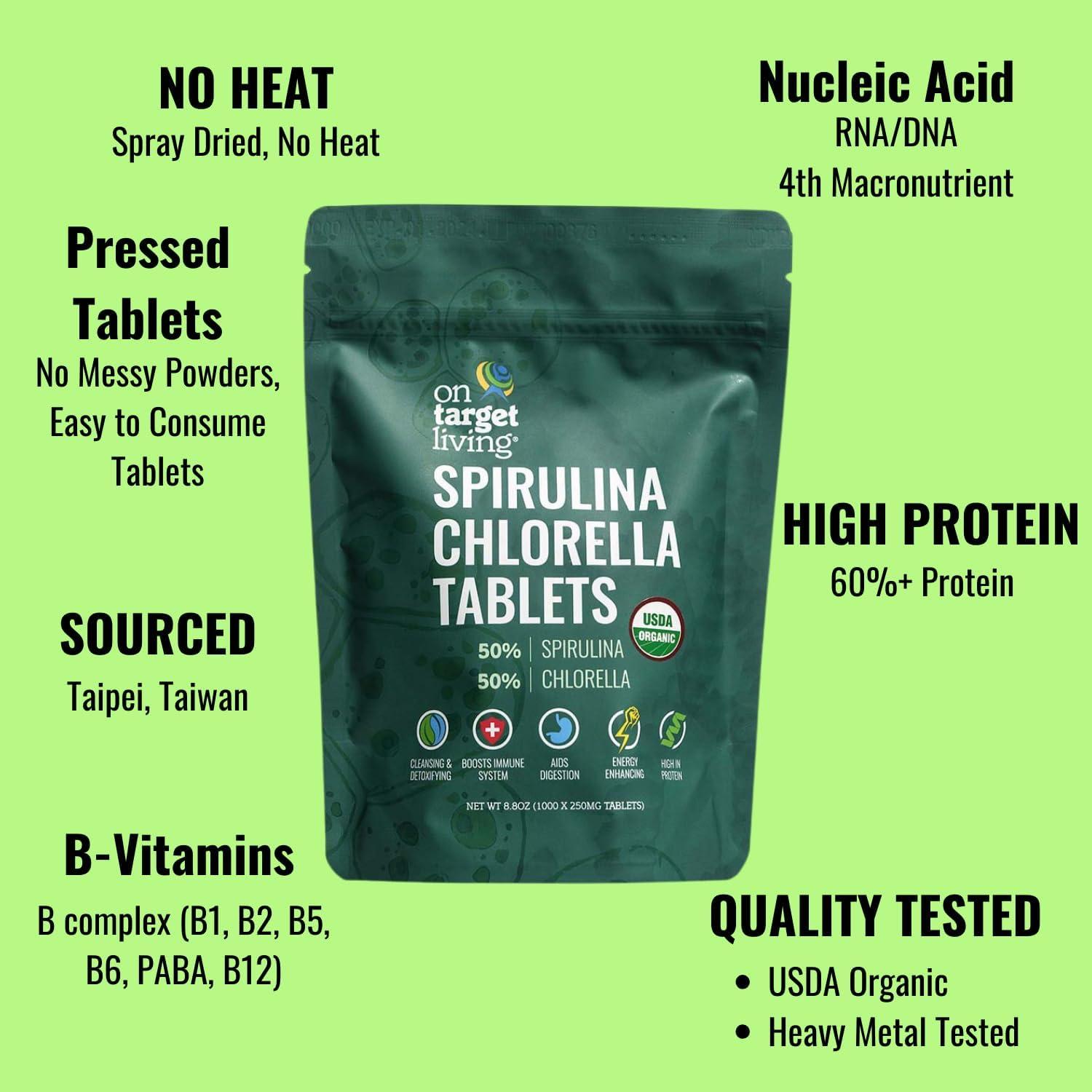 Tabletas de Spirulina y Chlorella Orgánica On Target Living 1000 Uds