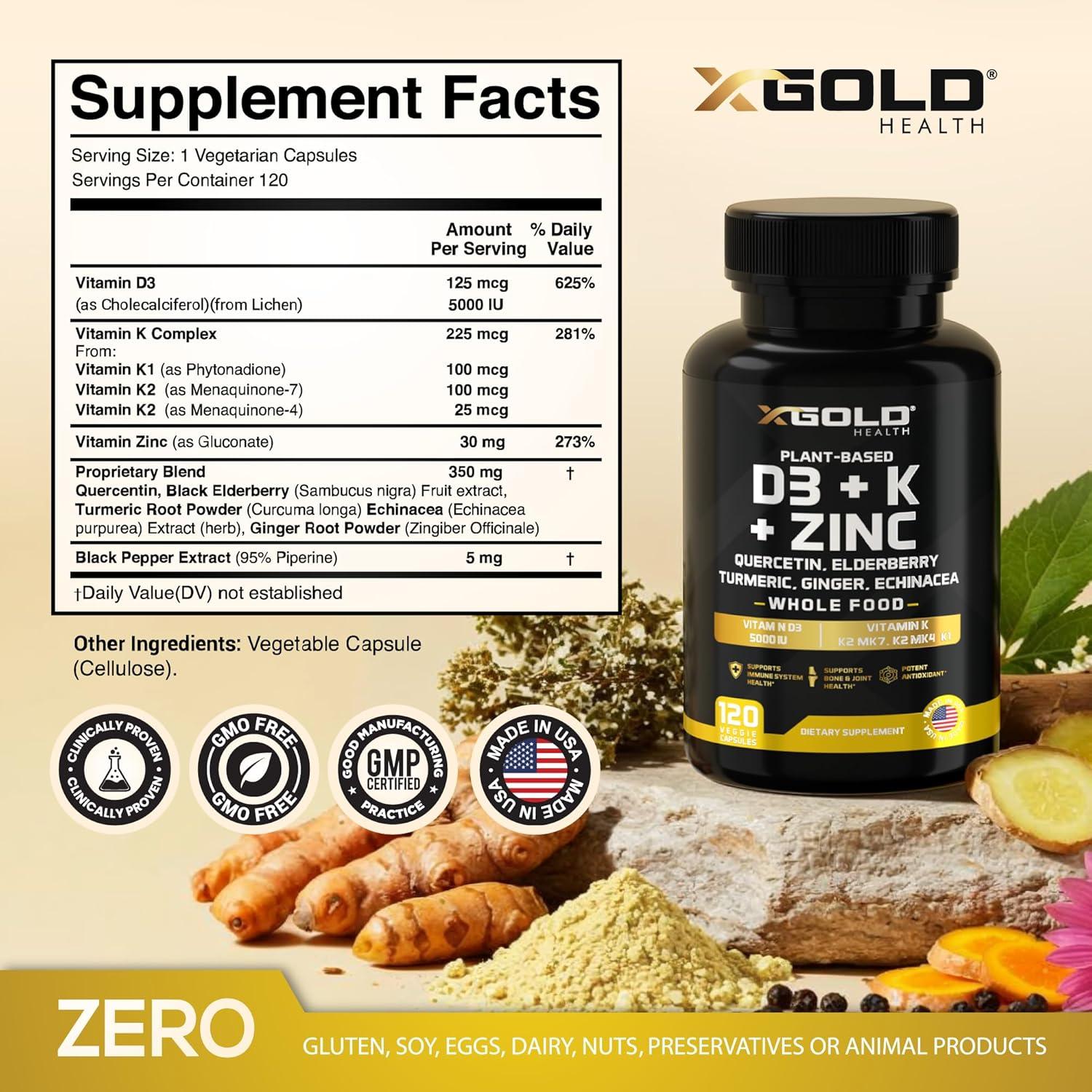 Suplemento Vitamina D3 K2 Zinc 8 en 1 X Gold Health 120 Cápsulas