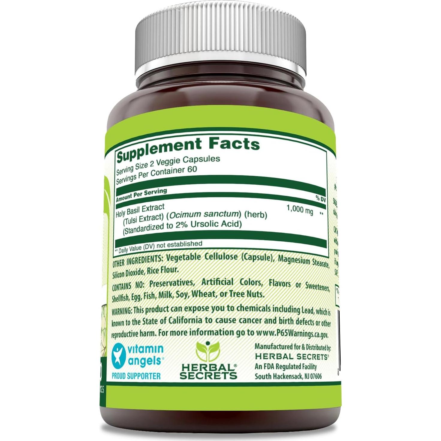 Suplemento de Albahaca Sagrada Herbal Secrets 1000mg 120 Cápsulas