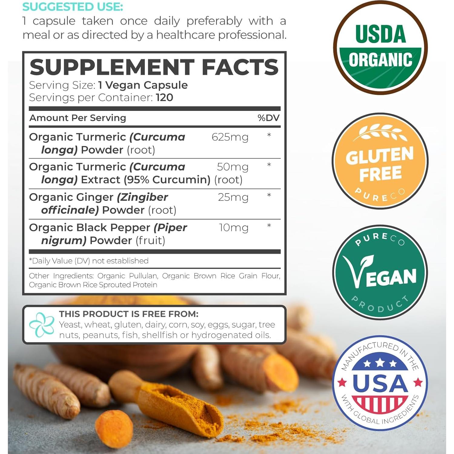 Suplemento de Cúrcuma Orgánica Pure Co - 120 Cápsulas Veganas