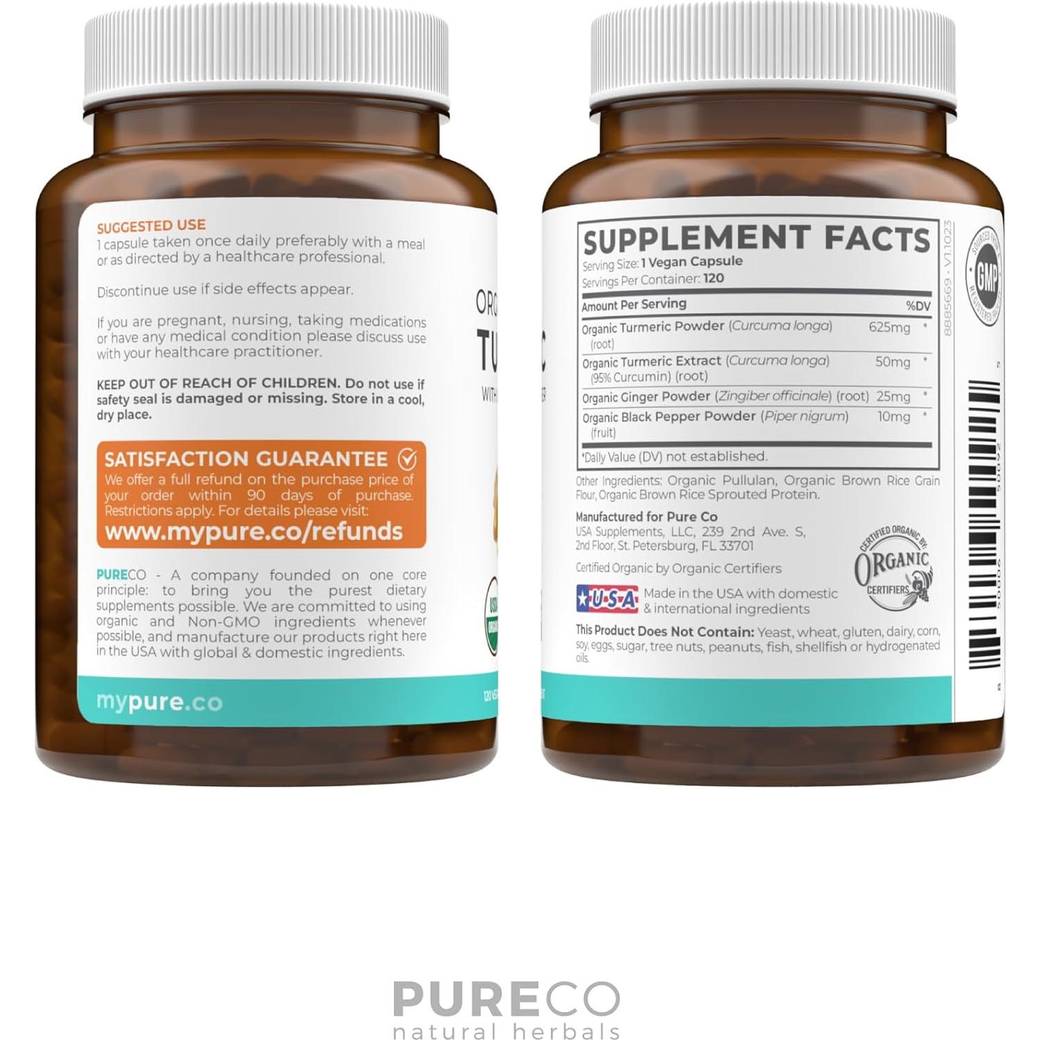 Suplemento de Cúrcuma Orgánica Pure Co - 120 Cápsulas Veganas