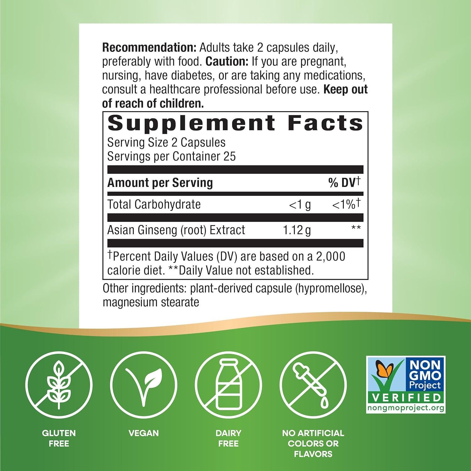 Ginseng Asiático Nature's Way 1120mg 50 Cápsulas Veganas