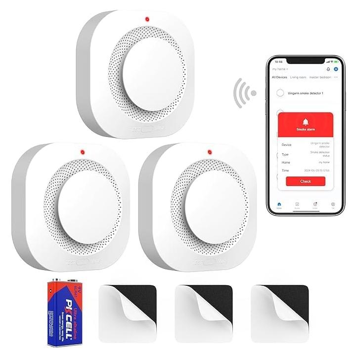 Smart Smoke Detector Fire Alarm with Replaceable Battery, Wi-Fi Smoke Detector, Real-Time App Notifications, 3-Pack