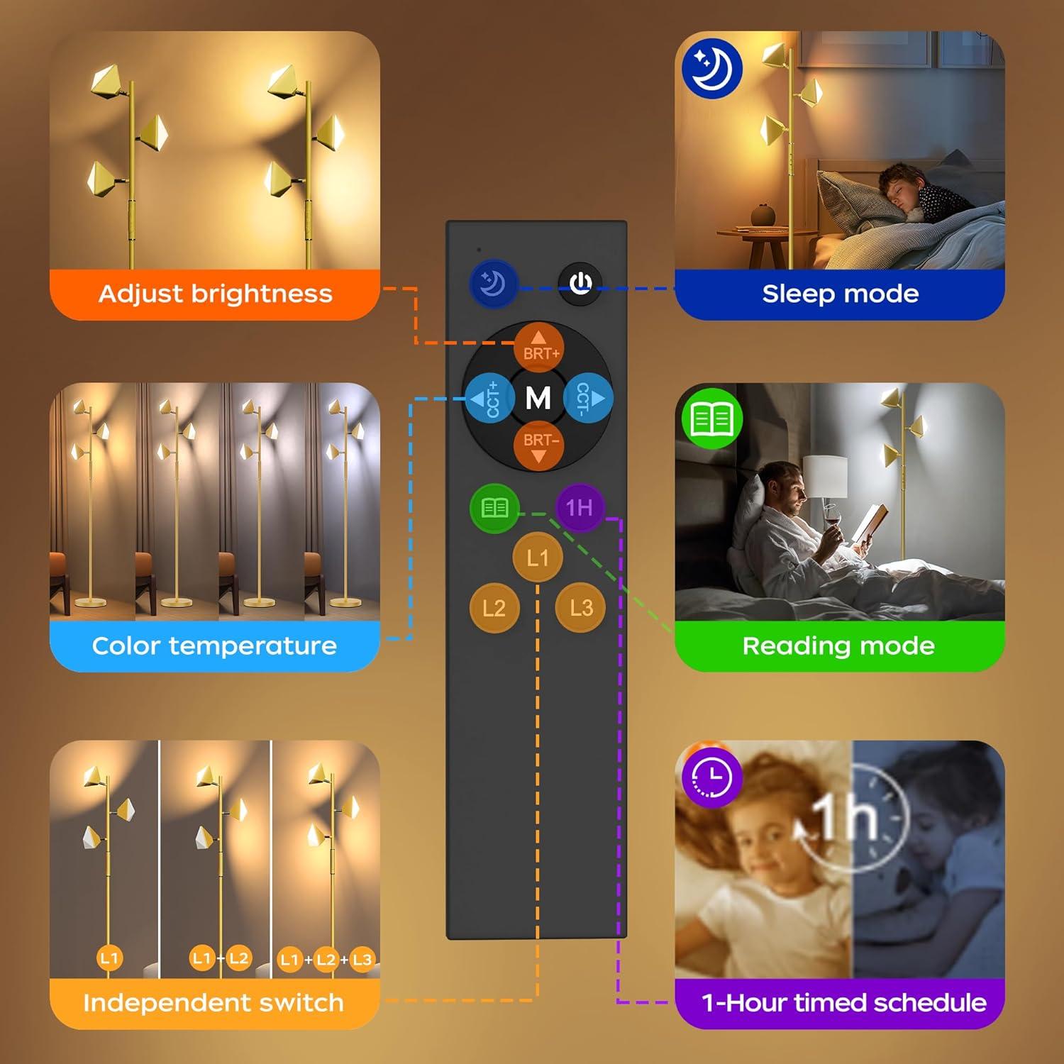 Lámpara de Pie LED QiMH 36W Regulable Dorado 4 Temperaturas