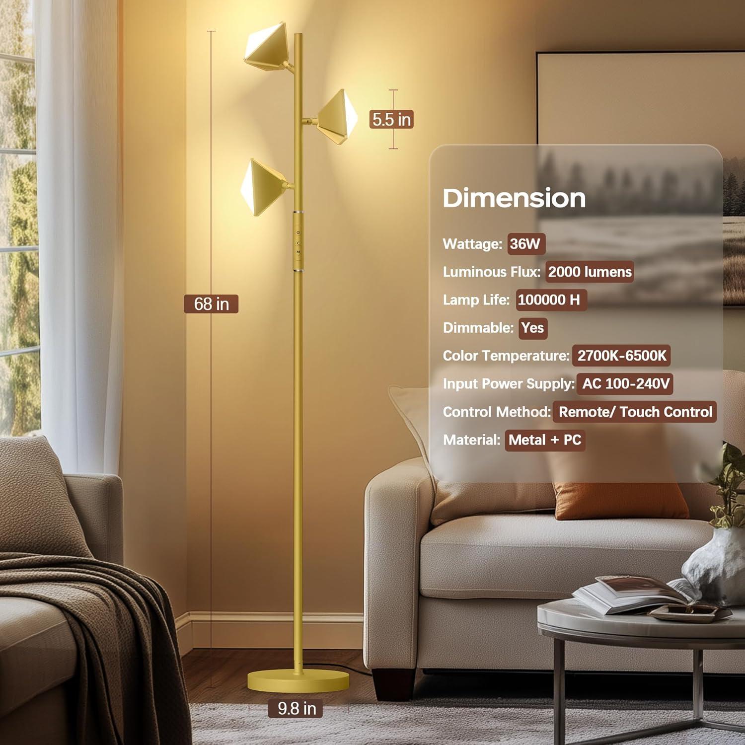 Lámpara de Pie LED QiMH 36W Regulable Dorado 4 Temperaturas