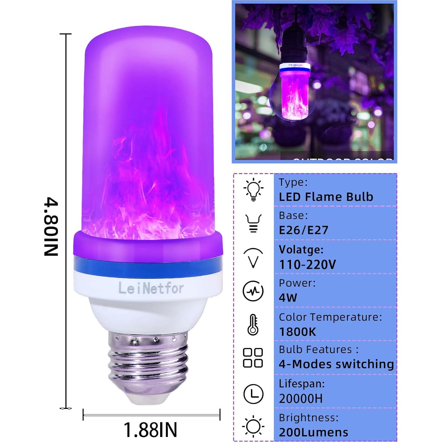 Bombillas LED de Llama Púrpura LeiNetfor E26 3W 2 Paquete