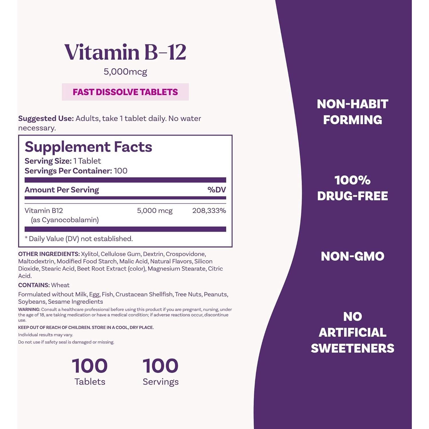 Tabletas de Vitamina B12 Natrol 5000 mcg Sabor Fresa 100 Unidades