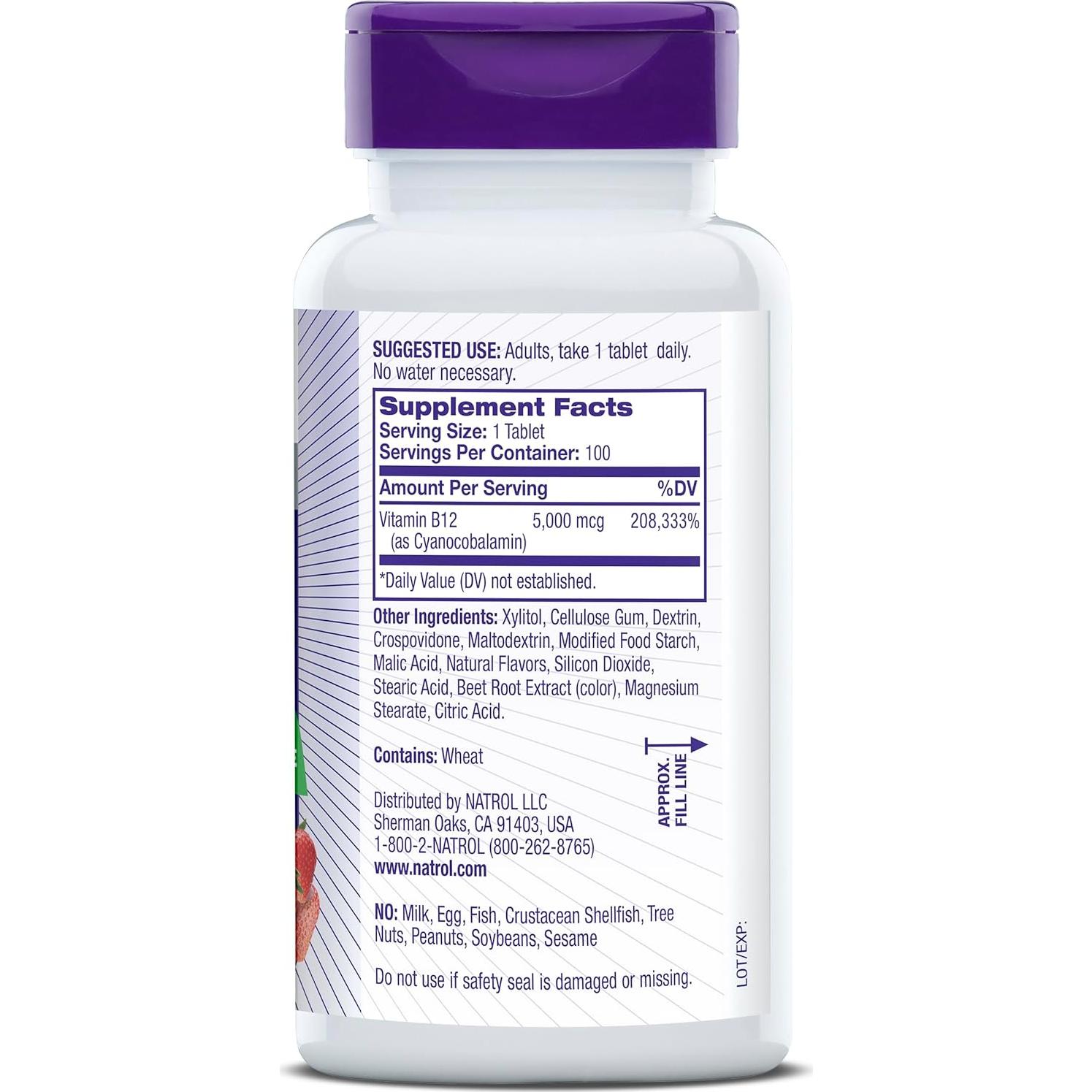 Tabletas de Vitamina B12 Natrol 5000 mcg Sabor Fresa 100 Unidades