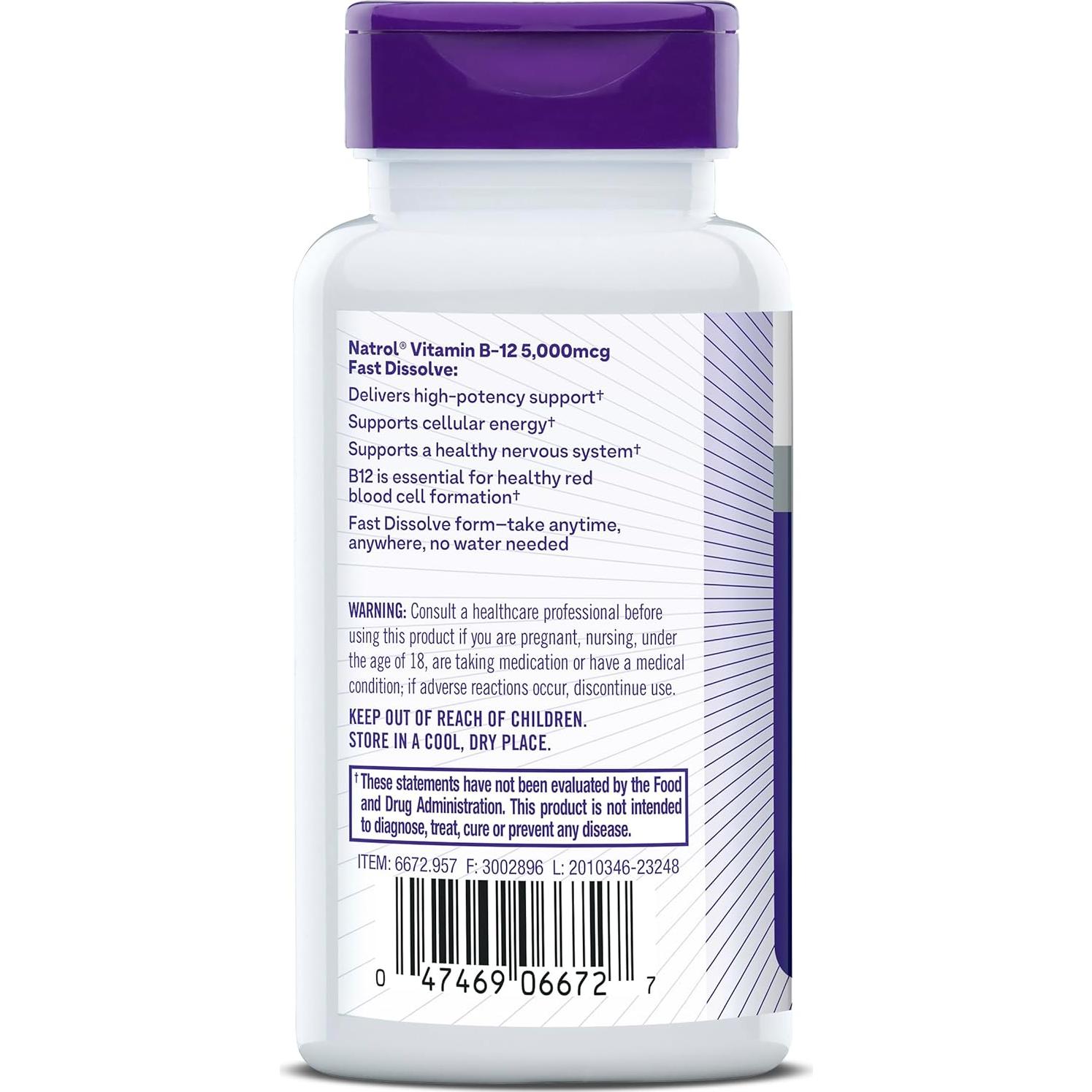 Tabletas de Vitamina B12 Natrol 5000 mcg Sabor Fresa 100 Unidades