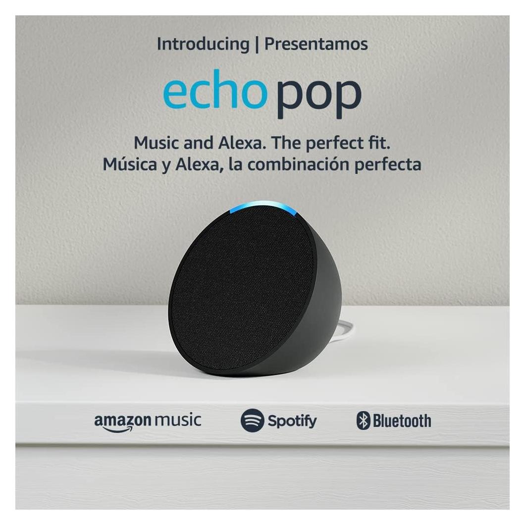 Echo Pop | Full sound compact smart speaker with Alexa | International Version with US Power Adaptor | Charcoal
