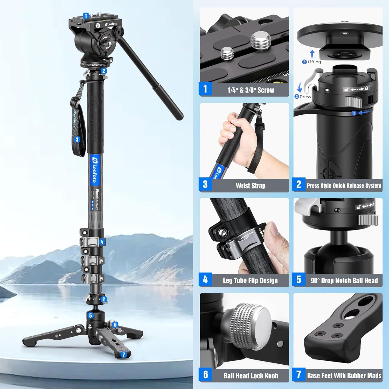 Monopie de fibra de carbono Leofoto MV-324C 160 cm 3 en 1
