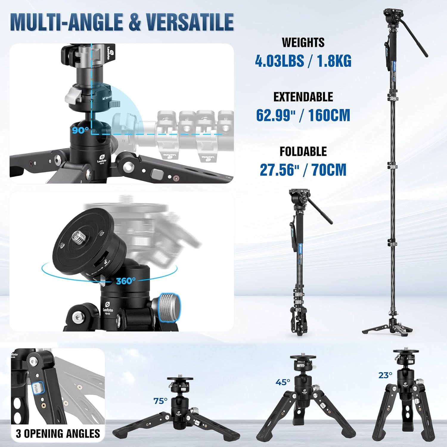 Monopie de fibra de carbono Leofoto MV-324C 160 cm 3 en 1