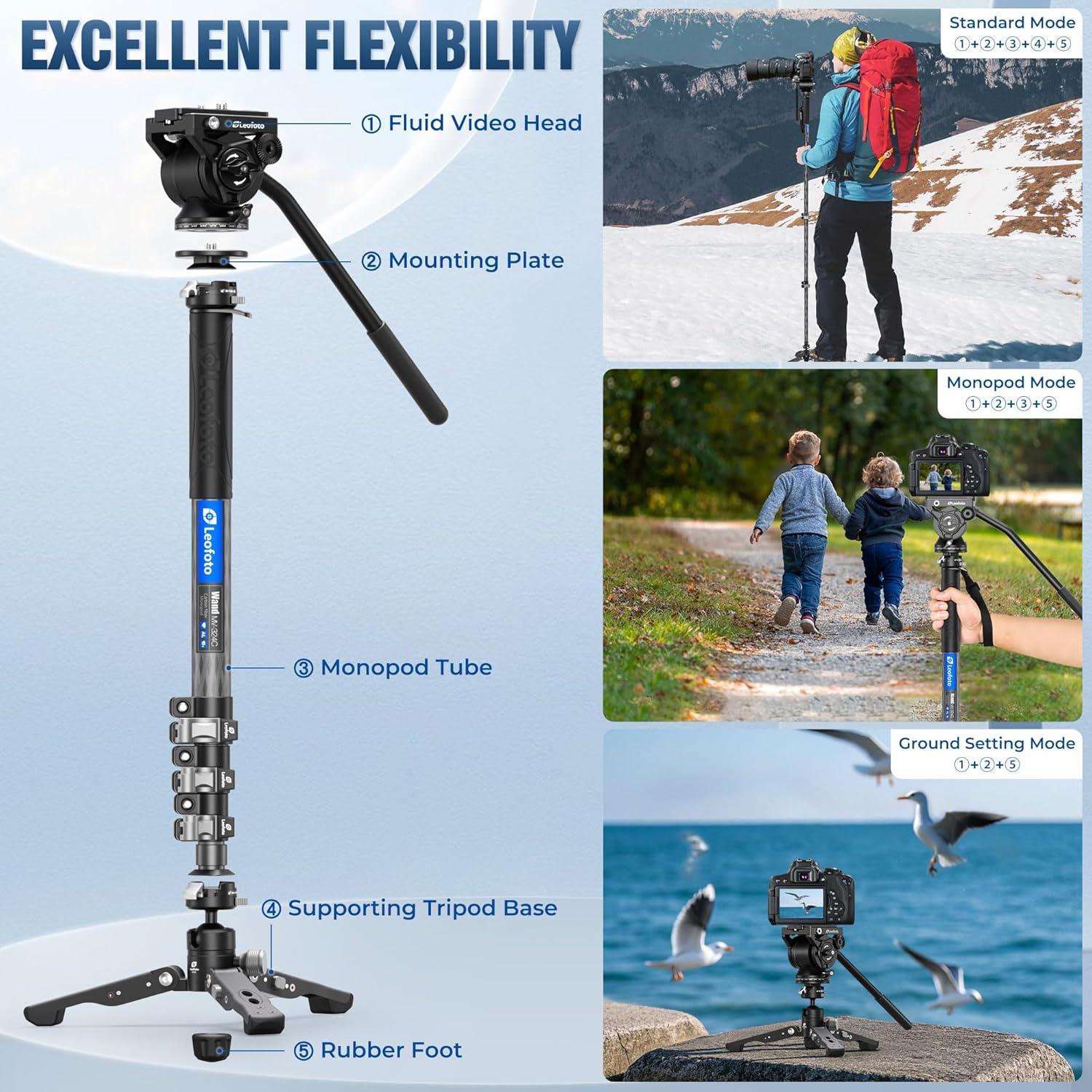 Monopie de fibra de carbono Leofoto MV-324C 160 cm 3 en 1