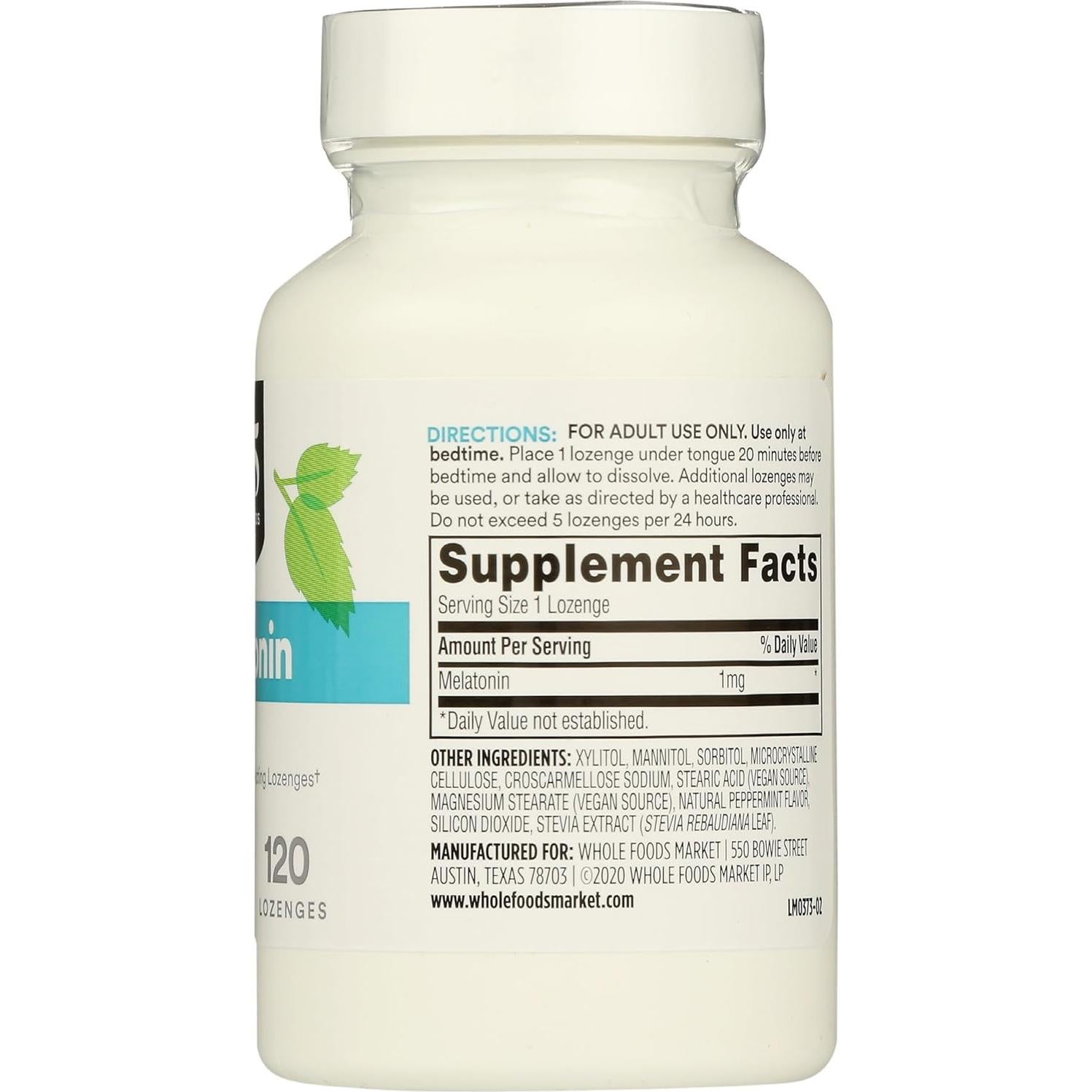 Pastillas de Melatonina 1mg 365 Whole Foods 120 Unidades Menta