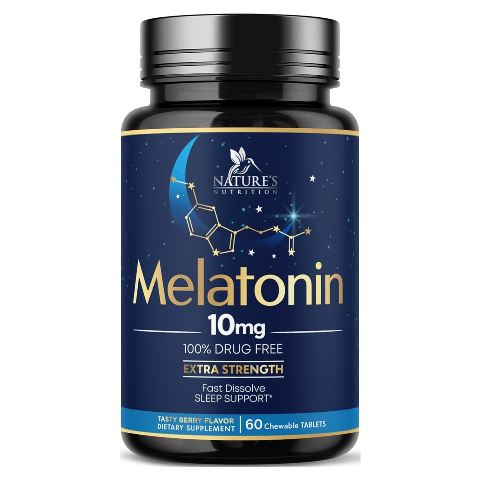 Melatonina 10 mg Nature's Nutrition - Tabletas Disolventes Sabor Fresa, 60 Unidades