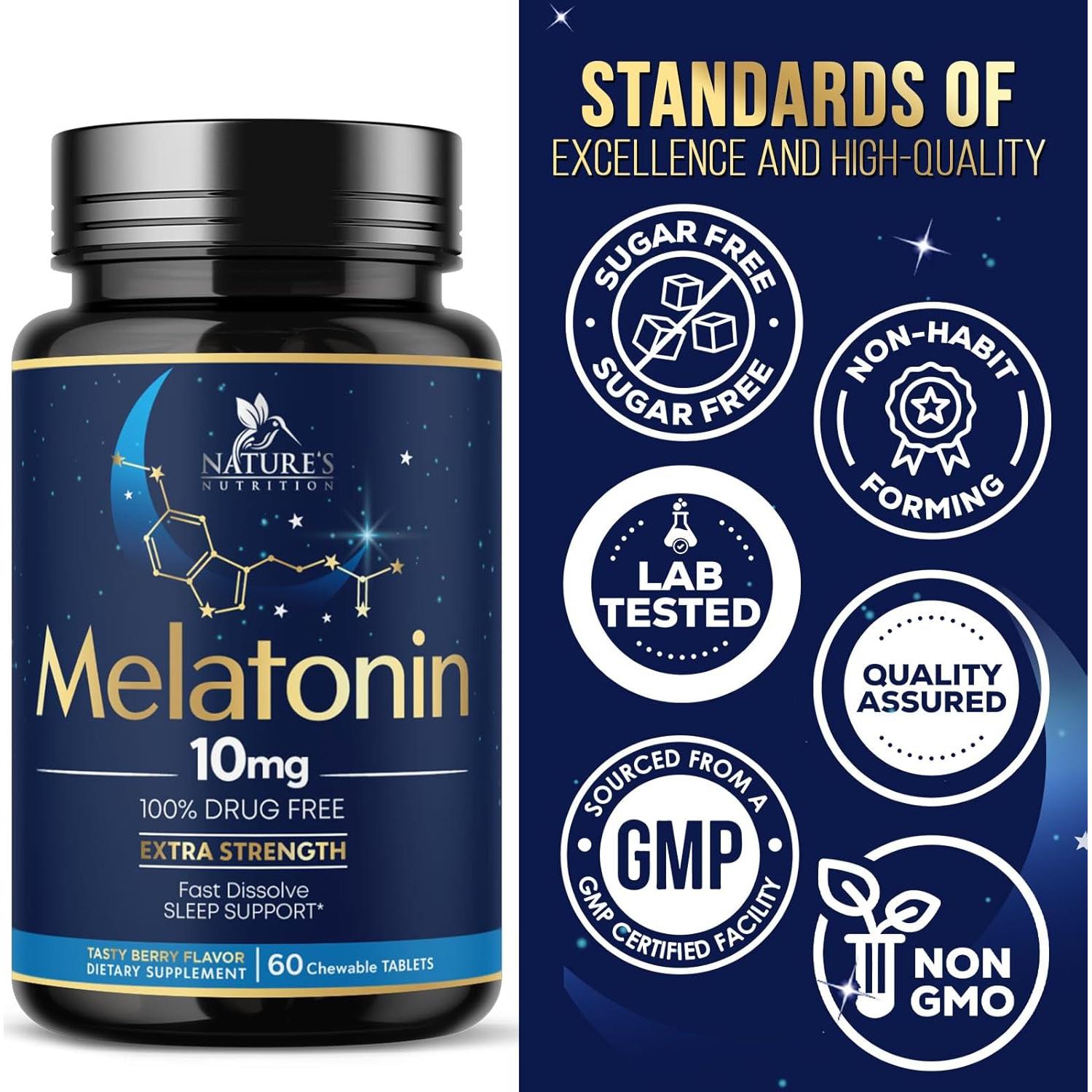 Melatonina 10 mg Nature's Nutrition - Tabletas Disolventes Sabor Fresa, 60 Unidades
