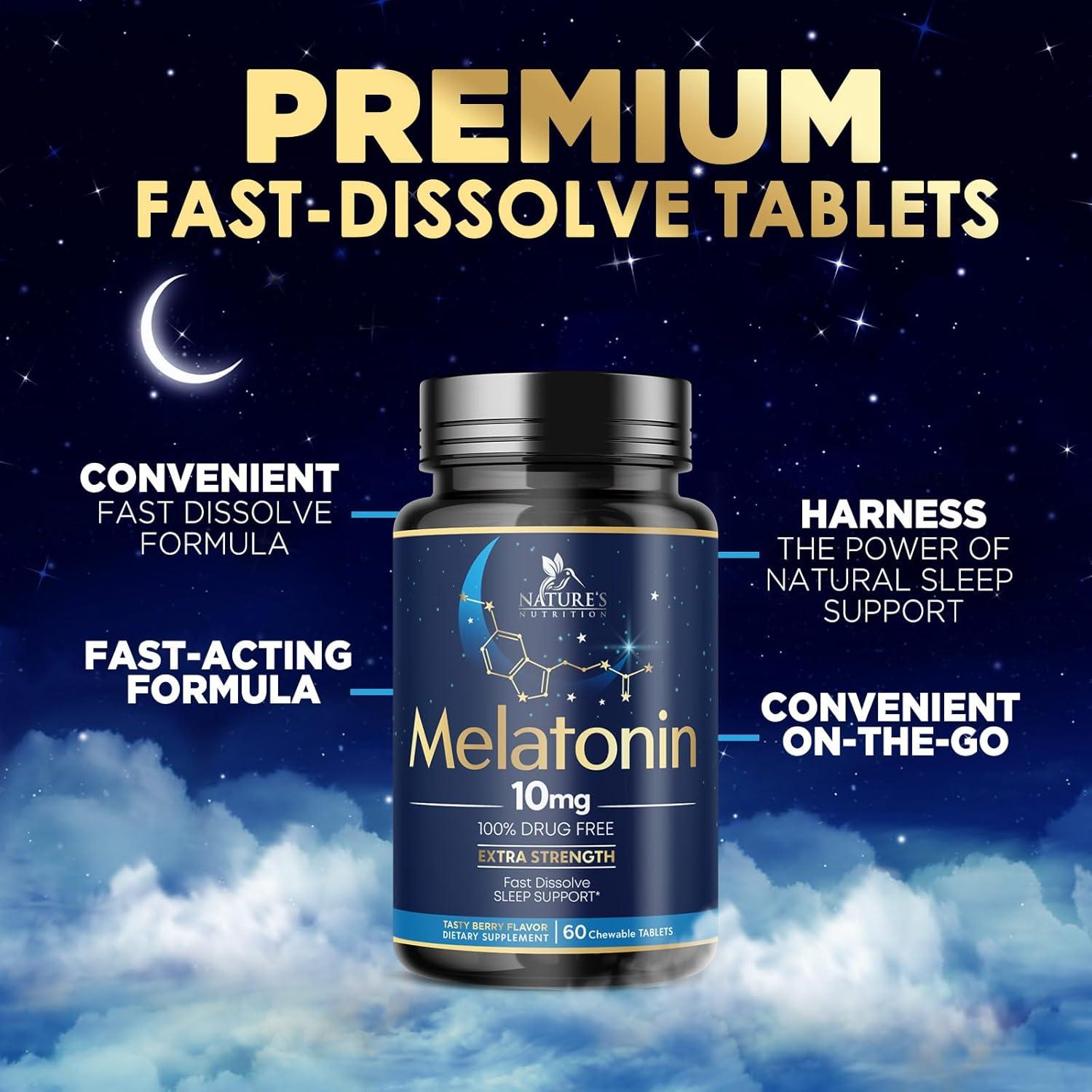 Melatonina 10 mg Nature's Nutrition - Tabletas Disolventes Sabor Fresa, 60 Unidades