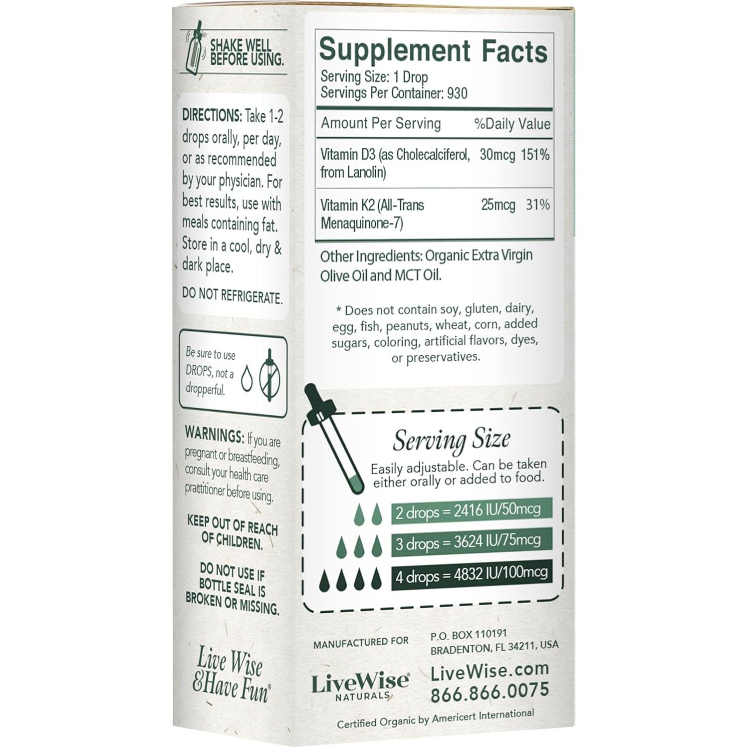 Gotas de Vitamina D3 y K2 Live Wise Naturals 1208 IU