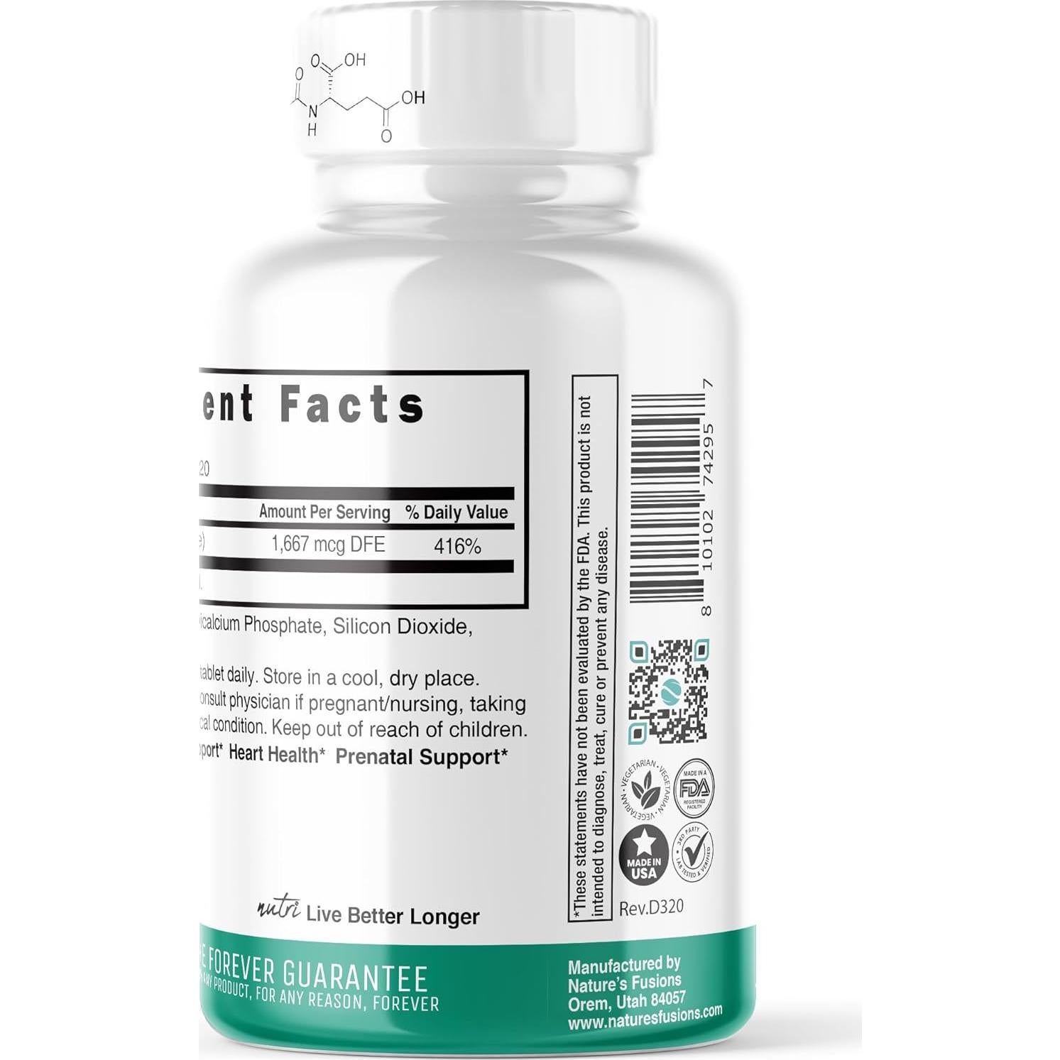 Suplemento de Folato Metilado Nutri 5-MTHF 1MG - 120 Tabletas Veganas