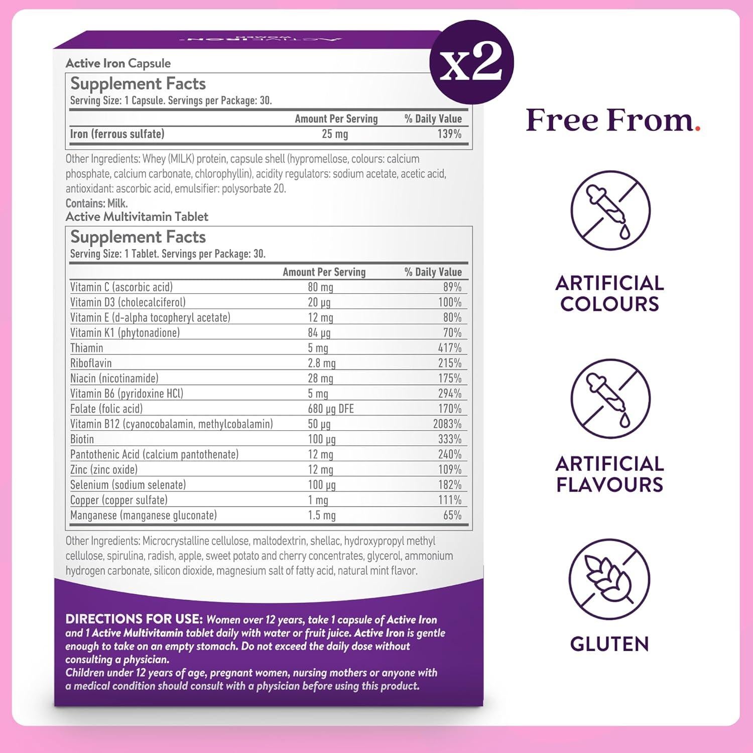 Suplemento de Hierro Activo 25mg + Multivitaminas Mujeres - 60 Cápsulas