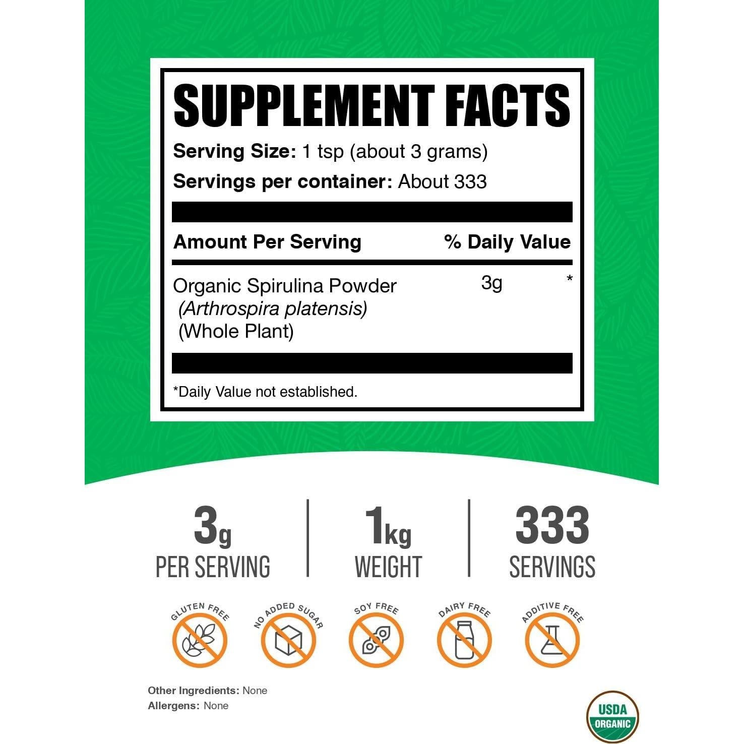 Polvo de Espirulina Orgánica BulkSupplements 100g - Superalimento Vegano