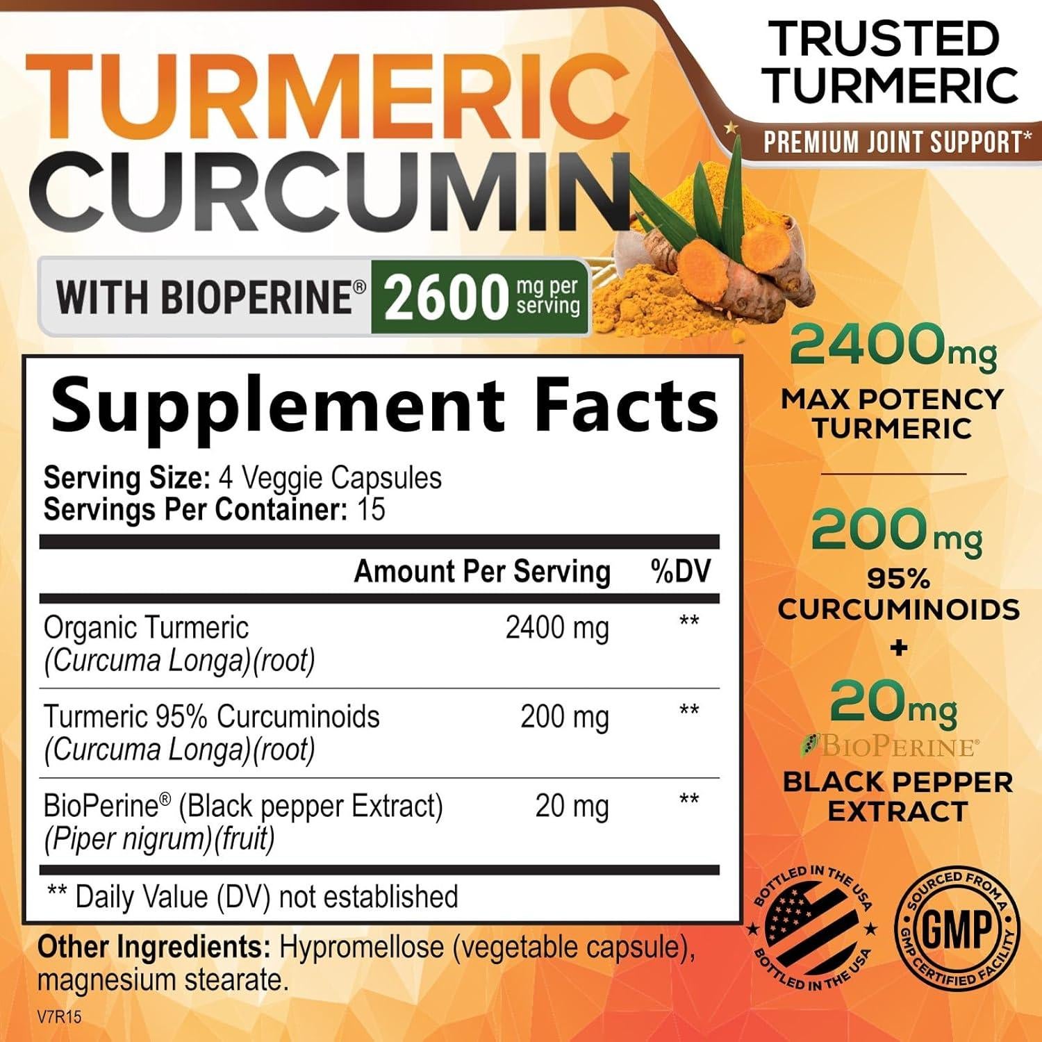 Suplemento de Cúrcuma y Curcumina 2600mg BioPerine 60 Cápsulas