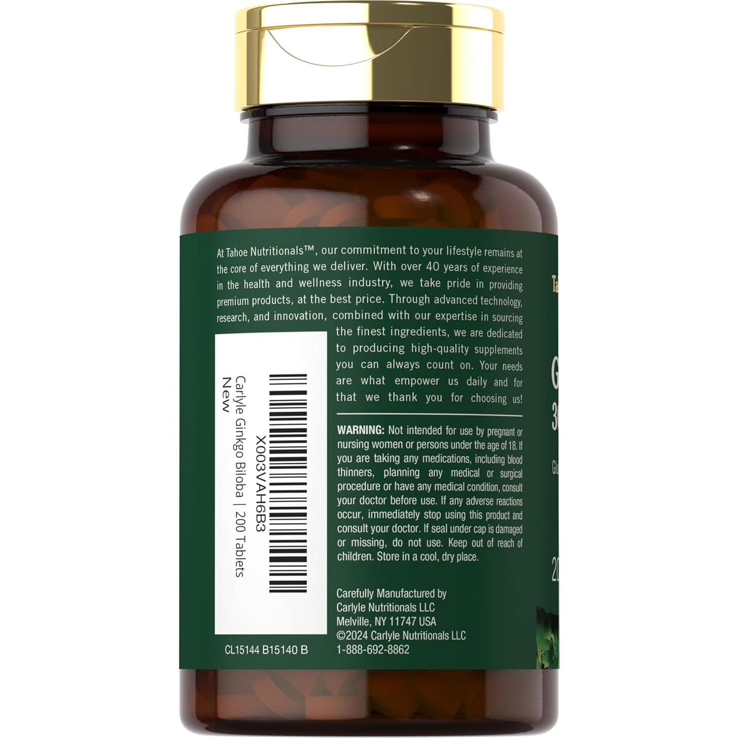 Carlyle Ginkgo Biloba 3000mg 200 Tabletas Vegetarianas Sin OGM